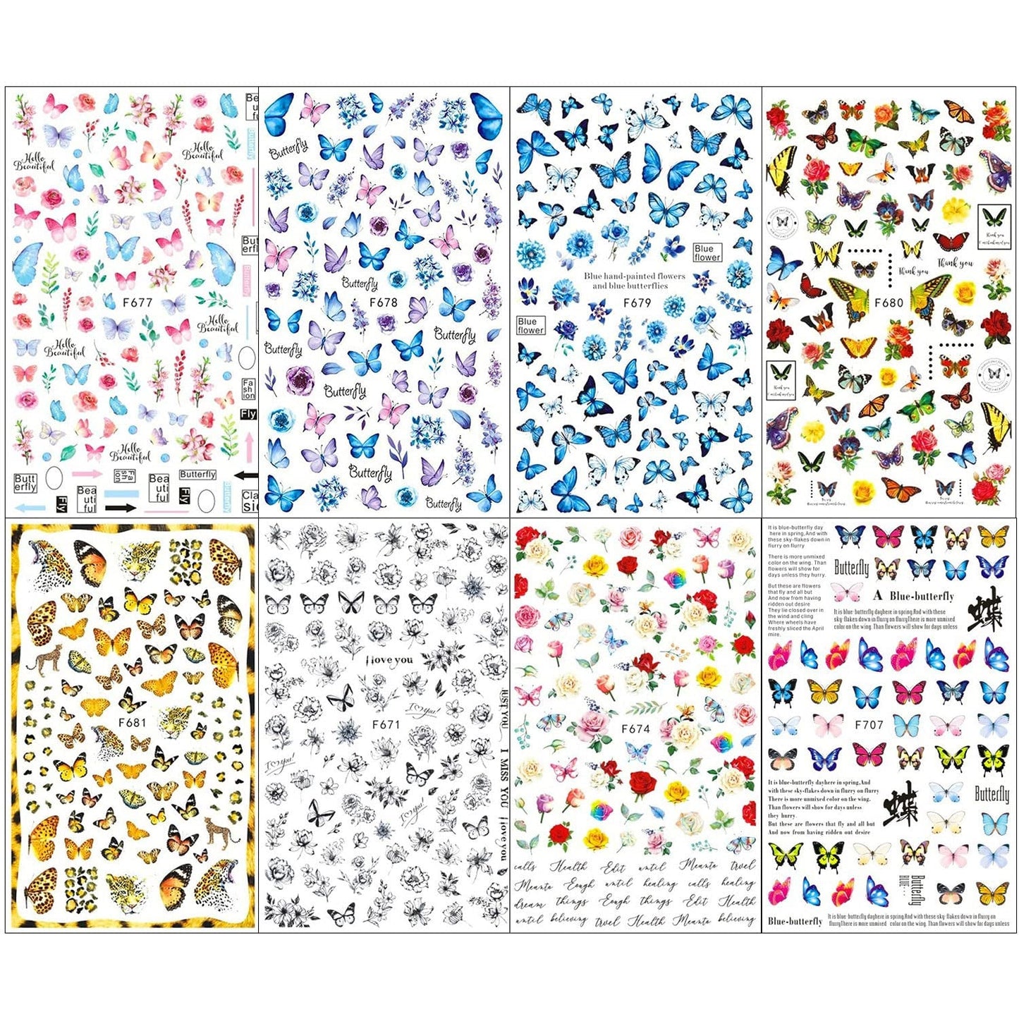 JMEOWIO Nagelsticker Schmetterling 8 Blätter Nagelaufkleber Selbtklebend Blau Schwarz Gold Schmetterling Nail Art Dekoration Nagel Design Zubehör