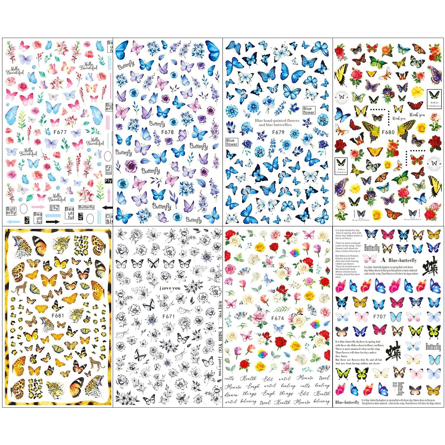 JMEOWIO Nagelsticker Schmetterling 8 Blätter Nagelaufkleber Selbtklebend Blau Schwarz Gold Schmetterling Nail Art Dekoration Nagel Design Zubehör