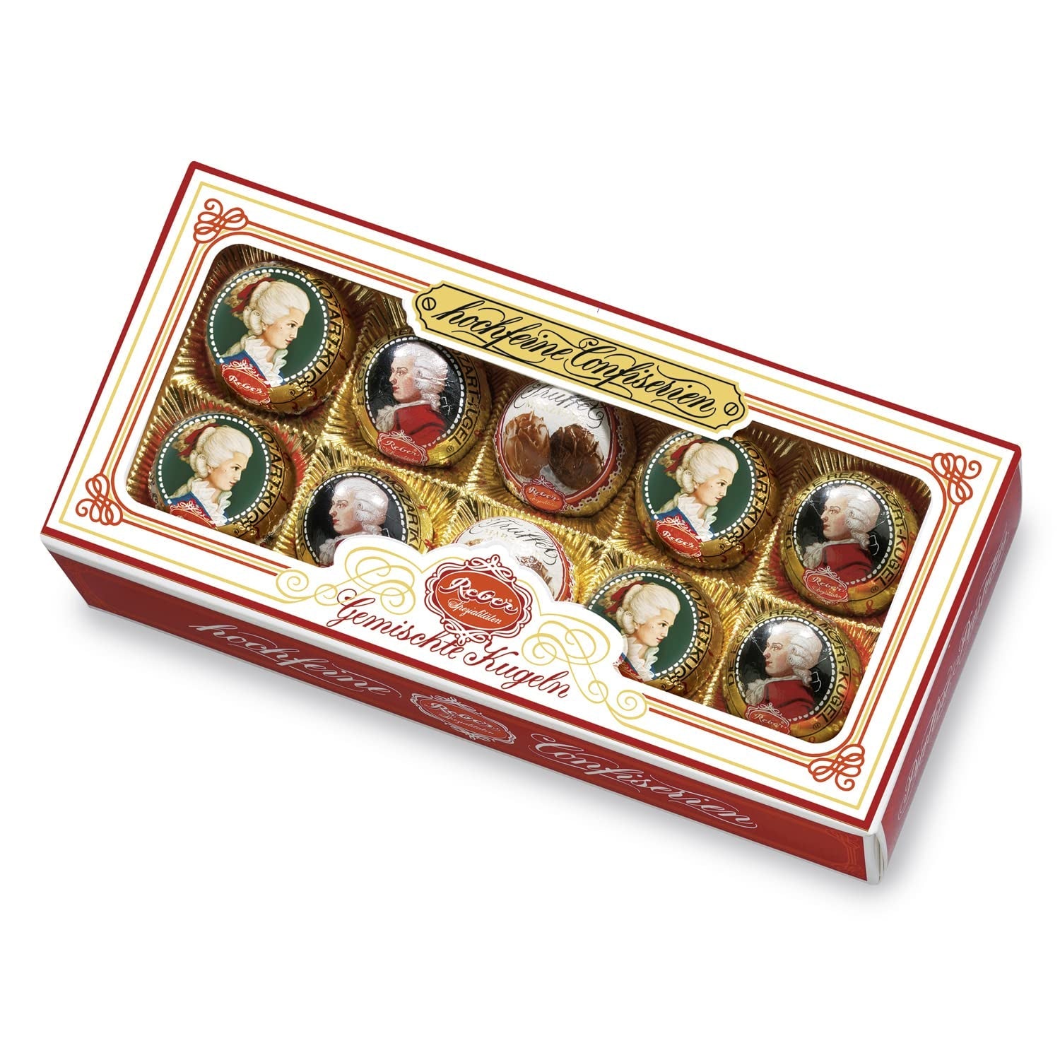 Reber Mozart kuličky s hořkou čokoládou, balení 6 ks s marcipánem a nugátem, veganské - 1 x 120 g