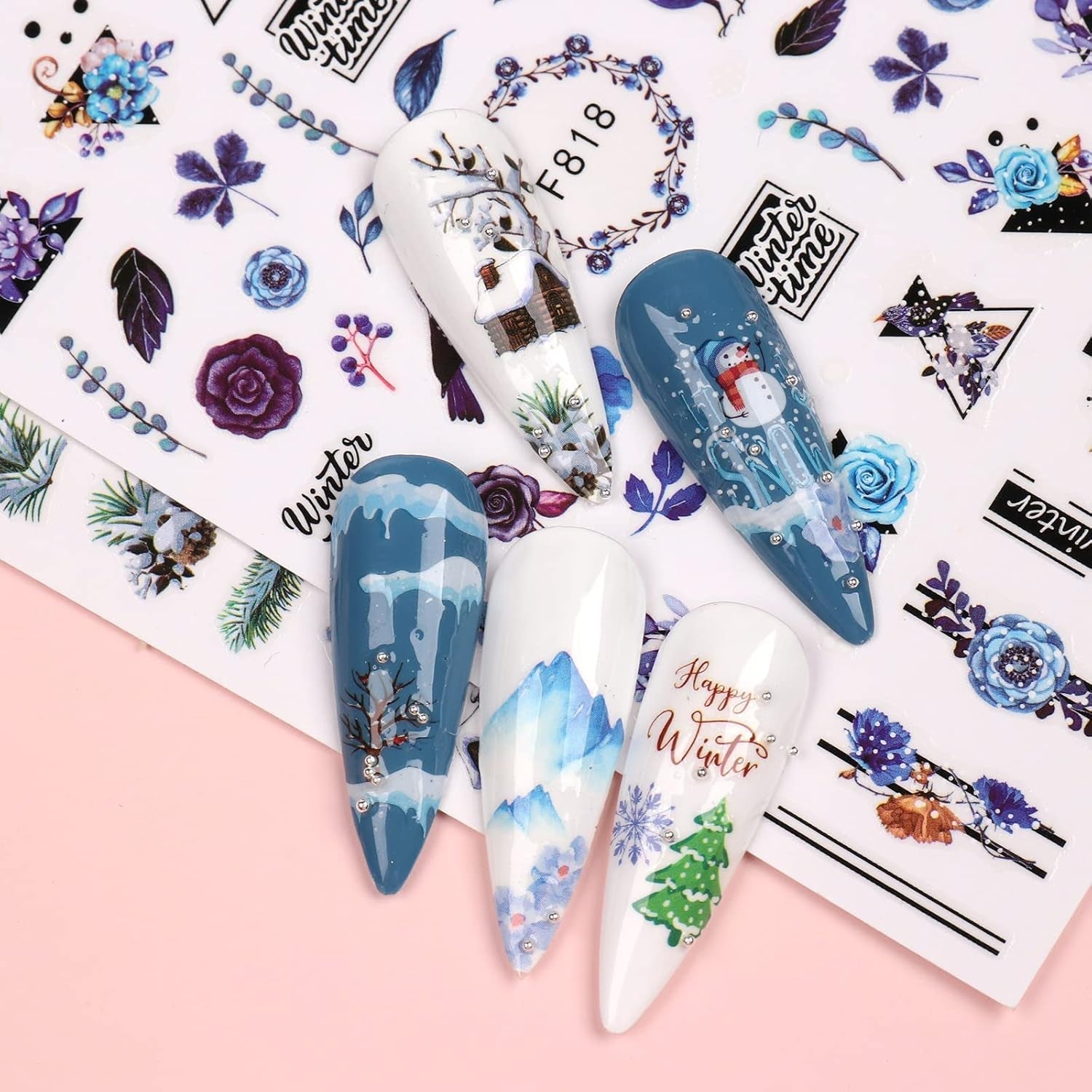 10 Blatt Nagelsticker Weihnachten Nagelaufkleber Selbstklebend Bule White Pine Tree Rentier Samolepka na nehty Dekoration Nageldesign Zubehör