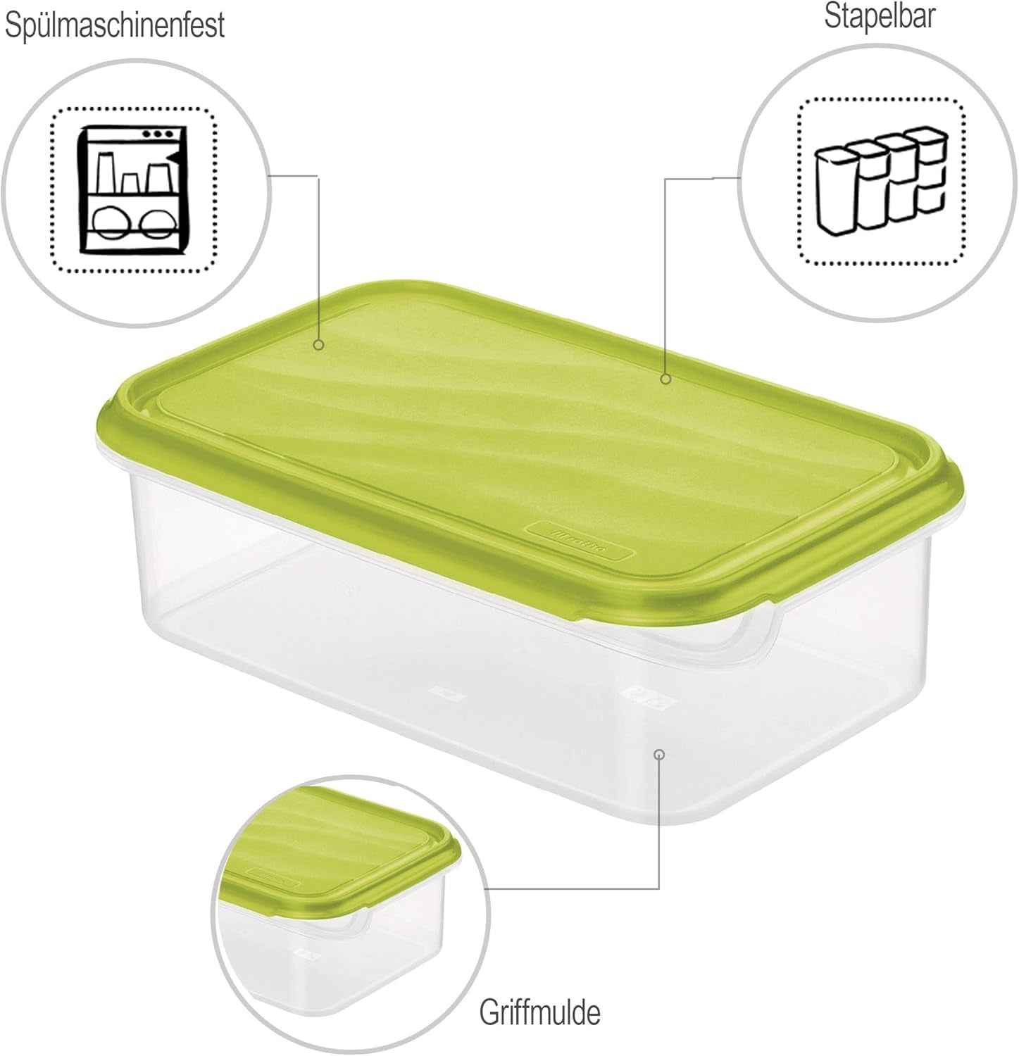 Rotho Rondo dóza na potraviny 1,5l s víkem, plast bez BPA (PP), průhledná/zelená, 1,5l (24,0 x 16,0 x 7,5 cm) Dózy na potraviny Naty Shop