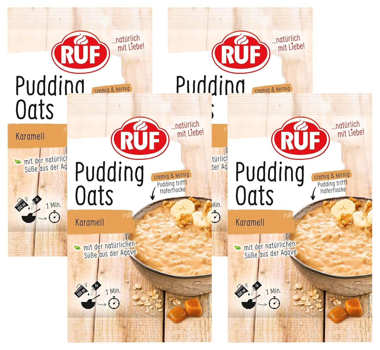 Caramel Oat Pudding, harmonická směs karamelového pudinku a celozrnných ovesných vloček, bez cukru, slazený agávovým sirupem, 1 sáček x 64g (4 balení)