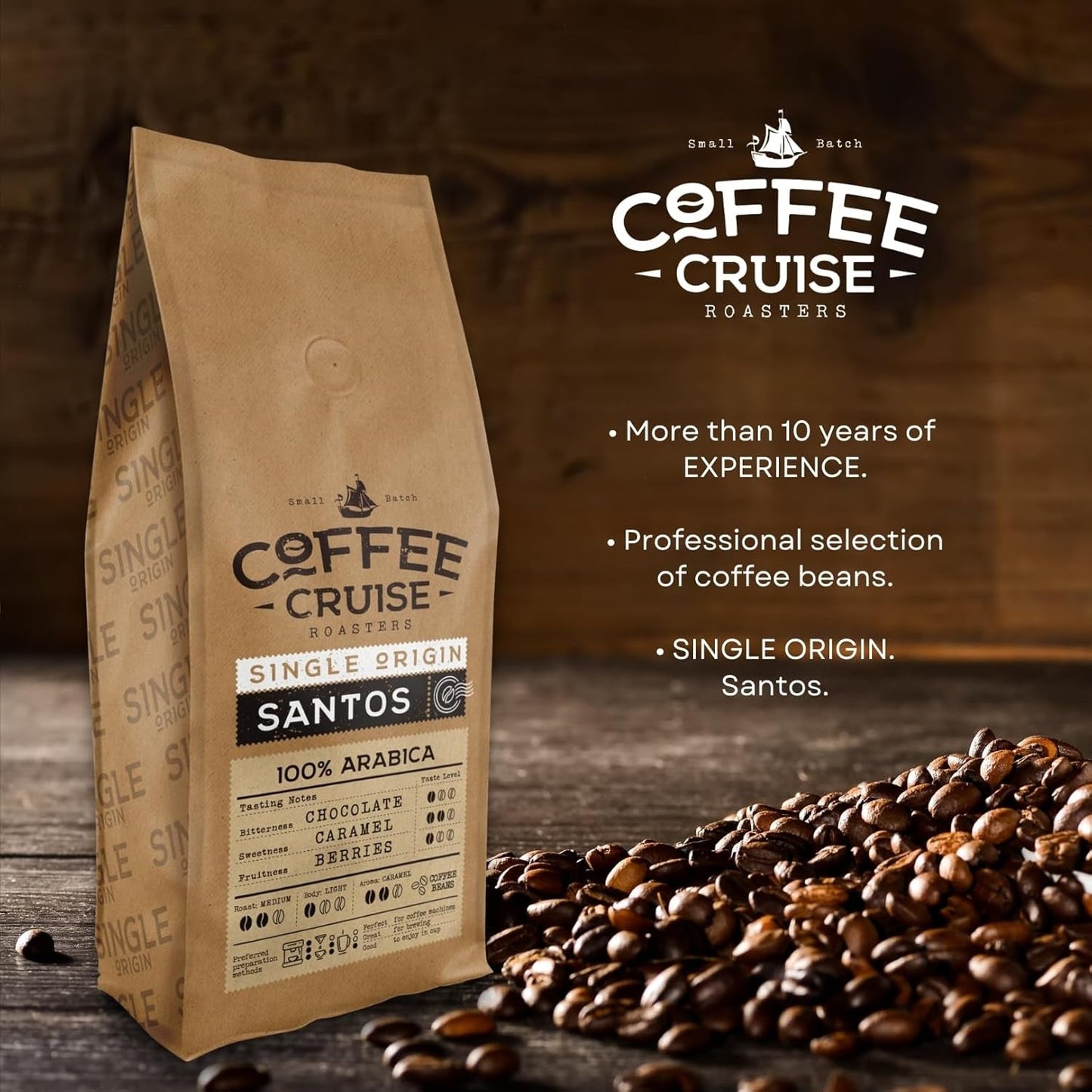 COFFEE CRUISE Santos Kaffeebohnen 1kg - Mittlere Röstung - Aroma Caramel - Für All Kaffeemaschinen - 100% Arabic