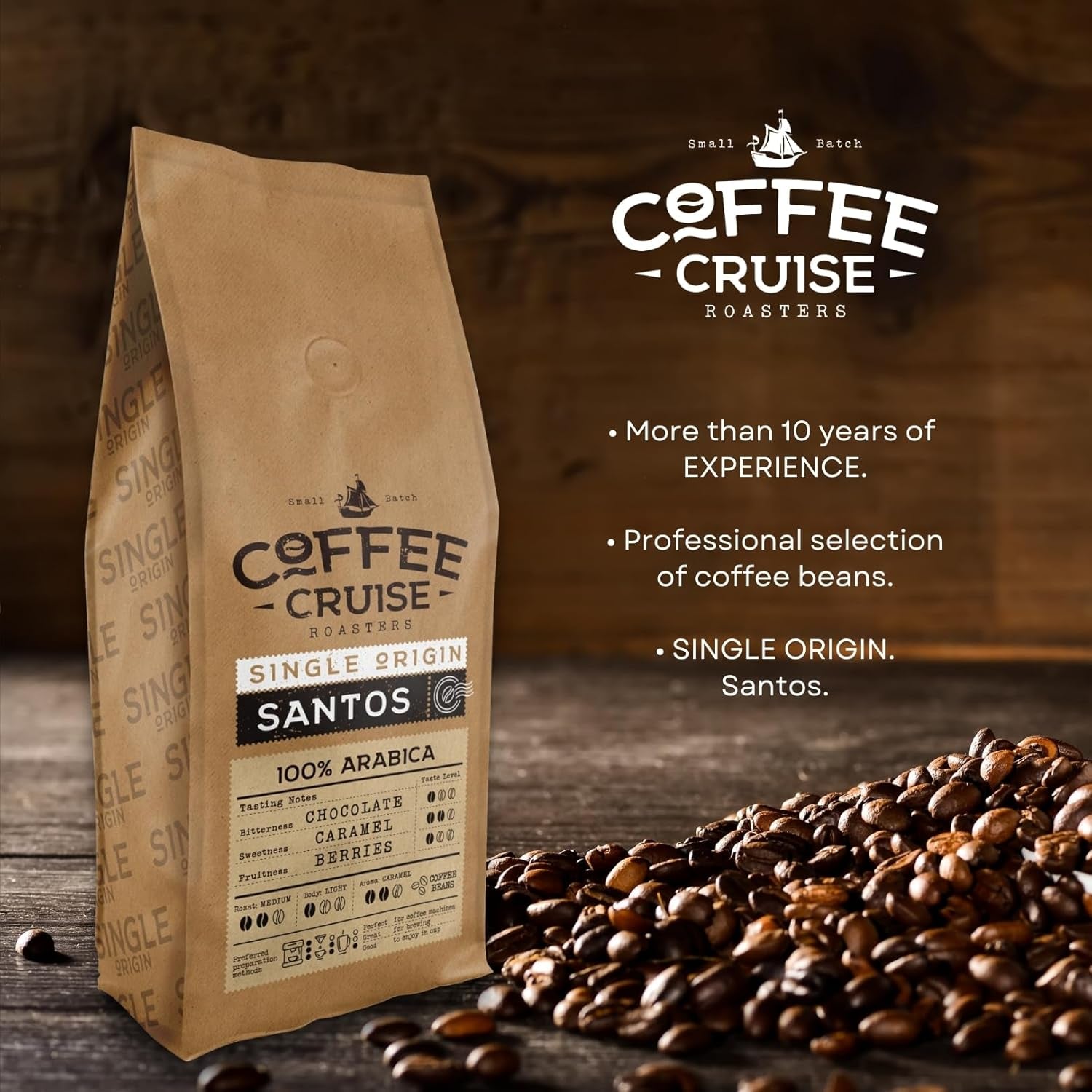 COFFEE CRUISE Santos Kaffeebohnen 1kg - Mittlere Röstung - Aroma Caramel - Für All Kaffeemaschinen - 100% Arabic
