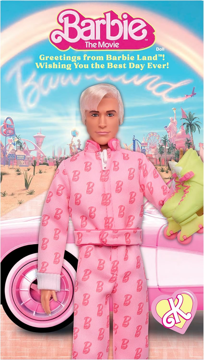 Barbie The Movie - Ken-Sammelpuppe, Ryan Gosling a Ken v růžově obarvené kombinéze s "B"-Aufdruck, bílými teniskami a barevnými bruslemi, JCP80