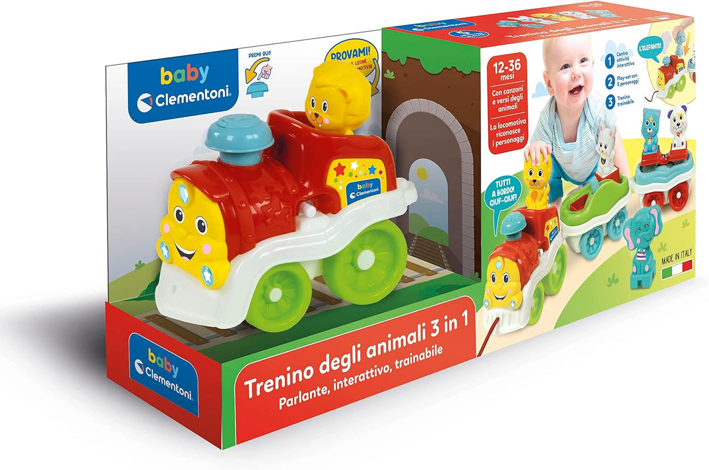 Clementoni Animali-3 Talking Interactive Rozšiřitelná hračka na elektrický vláček pro roční miminko (italská verze) Vyrobeno v Itálii Vícebarevná 17740 Jucarii Bebe Naty Shop