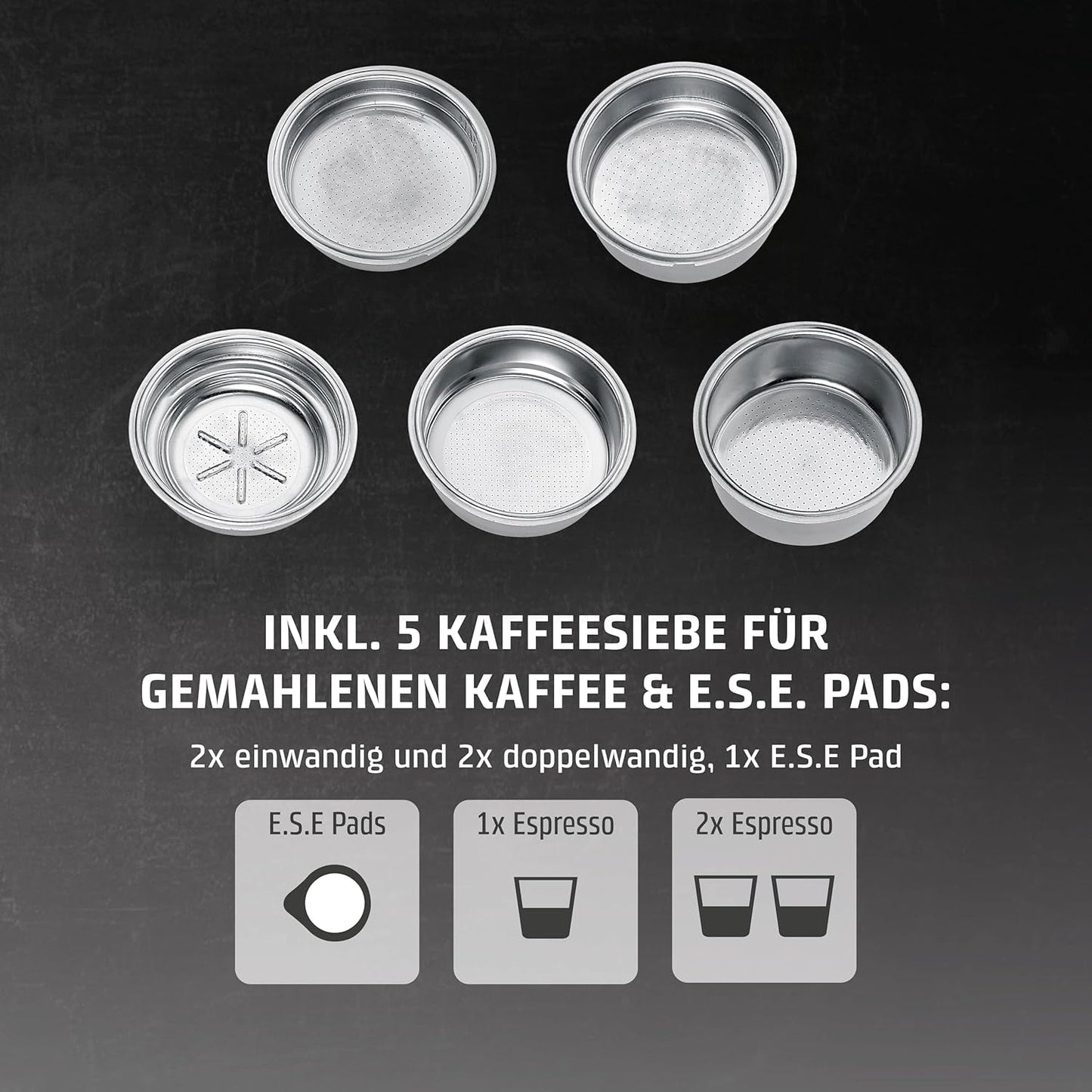 CASO EspressoGourmet Crema - espresso kávovar Portafilter s napěňovačem mléka, espresso, cappuccino, nerezový portafiltr, pumpa ULKA 20 bar, kávovar, mletá káva, kapsle ESE
