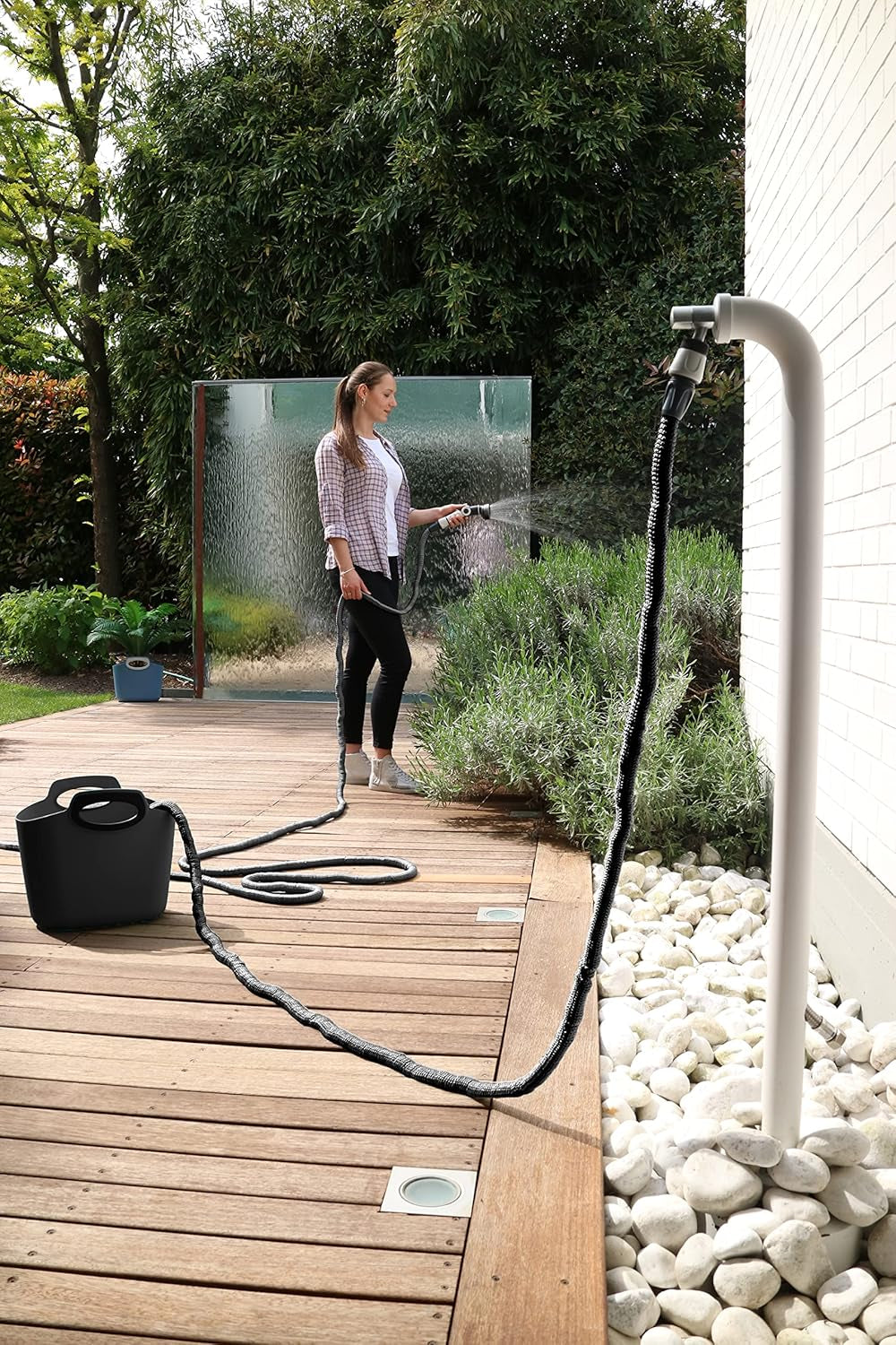 GF SRL, Aquapop Grey Limited Edition s 25m samonatahovací textilní hadicí Made in Italy, měkký plastový sáček, trysky a armatury Lancia 8 pro zavlažování zahrady, tmavě šedá