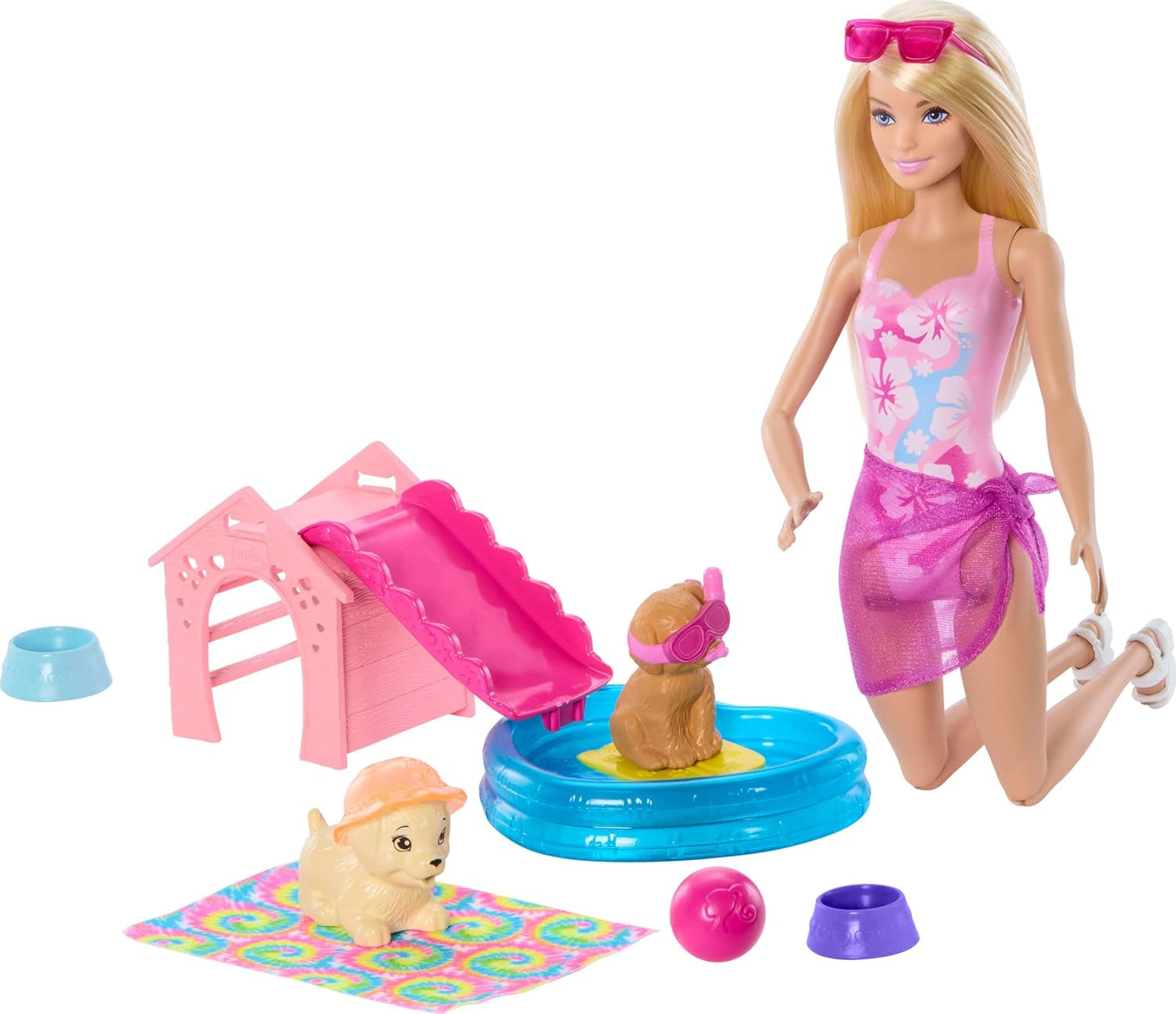Hrací sada Barbie pro štěně Pool Party s módní panenkou, psím domečkem a skluzavkou, srdíčkovým bazénkem, 2 figurkami psů, 6 doplňků a měničem barev, JBF35