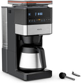 Espresso kávovar KRUPS Grind Aroma XL, odnímatelný kónický mlýnek, digitální ovládací panel, kapacita XL (1,5 l), funkce udržování teploty, skleněná karafa, černá/nerezová ocel, KM842810