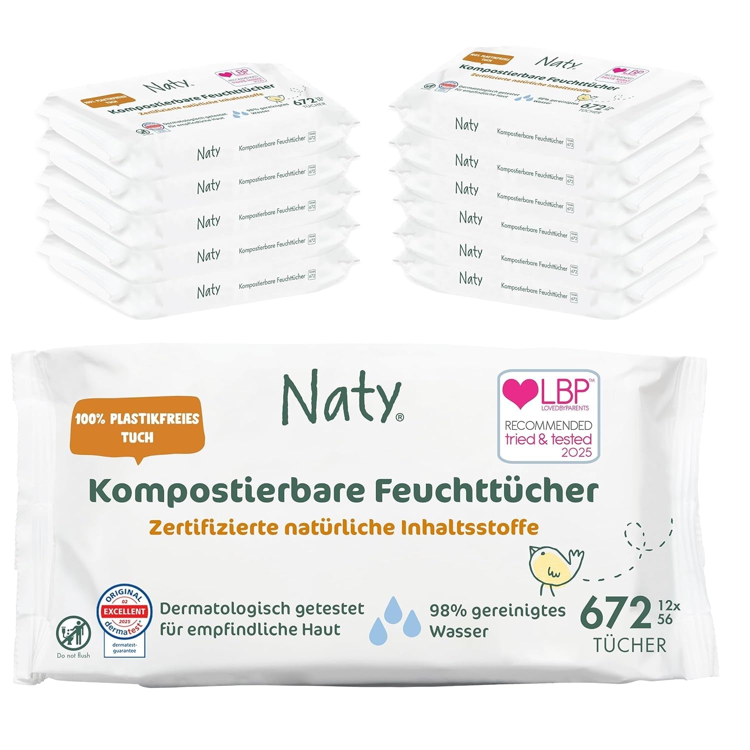 Dětské ubrousky Naty | 100% bylinný a bez parfemace pro citlivou pokožku | Bezplastové a certifikované kompostovatelné ubrousky s 98% čištěnou vodou | 672 ubrousků (12 balení)