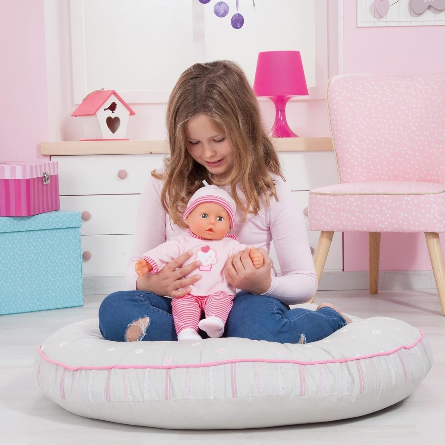 Panenka First Words s ospalýma očima, mluví 24 dětskými zvuky, s panenkou a lahvičkou, 38 cm, růžové/pruhy Naty Shop Dolls