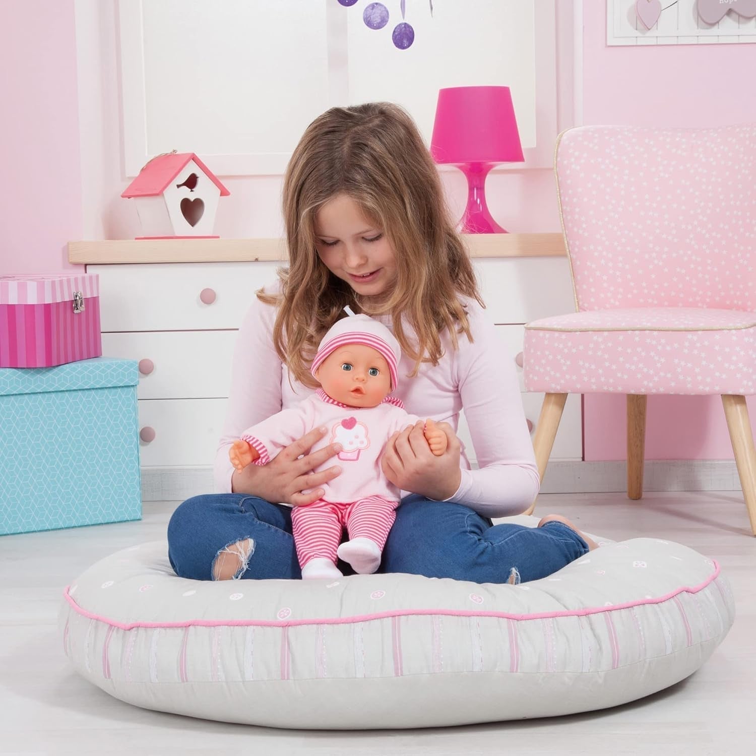 Panenka First Words s ospalýma očima, mluví 24 dětskými zvuky, s panenkou a lahvičkou, 38 cm, růžové/pruhy Naty Shop Dolls