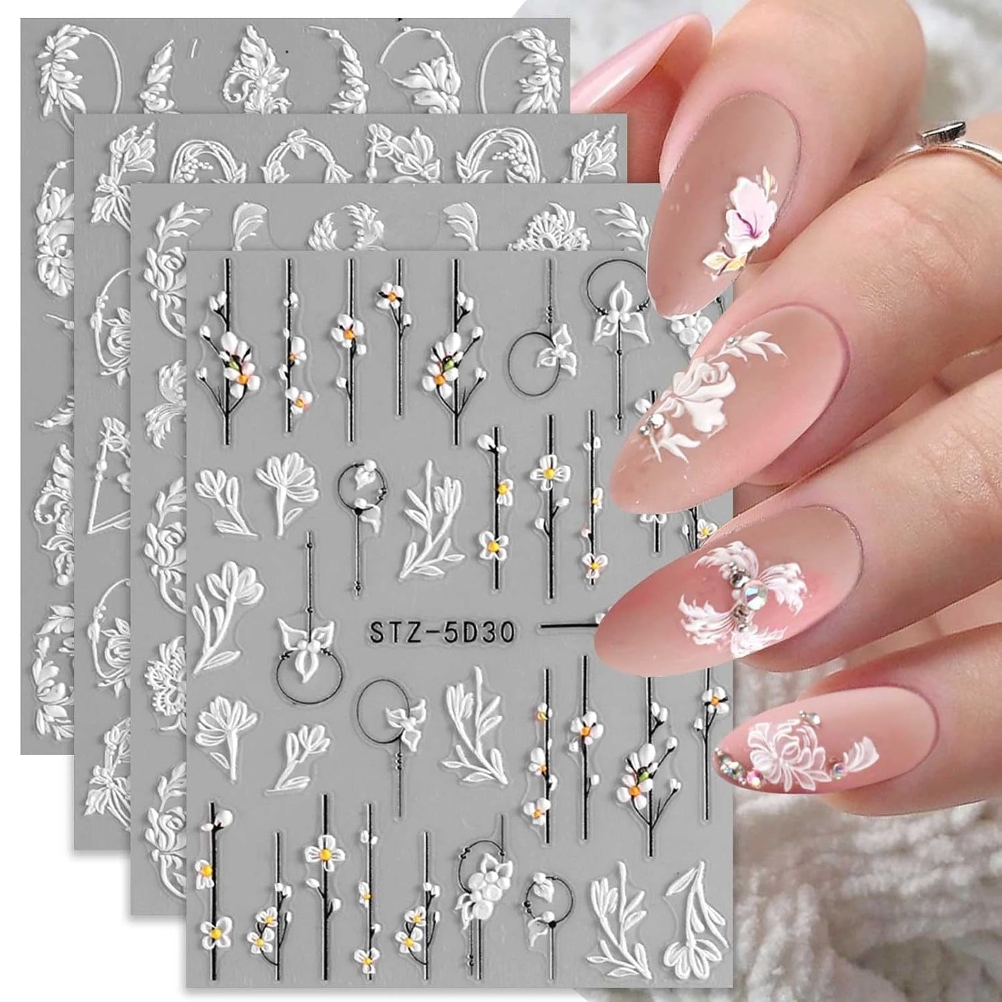 4 Blatt 3D Nálepka na nehty Frühling Blume Nagelaufkleber 5D Stereoskopisch Selbtklebend Nálepka na nehty Dekoration Nageldesign Zubehör