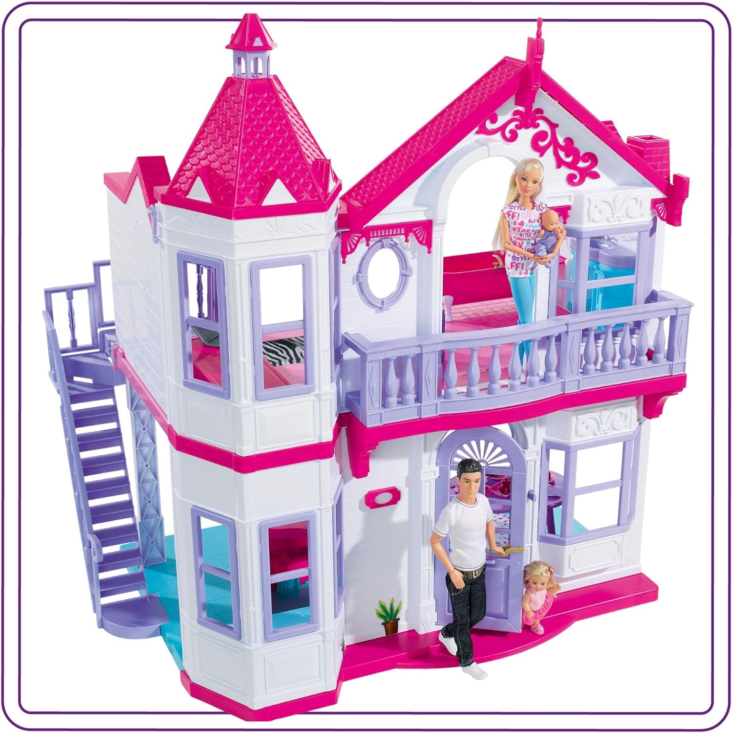 Simba 104661996 - Steffi Love Dreamhouse, velký domeček na hraní, 4 pokoje, BEZ LOUTEK, 84 cm vysoký, dvě patra, funkční zvonek, skládací domečky pro panenky Naty Shop