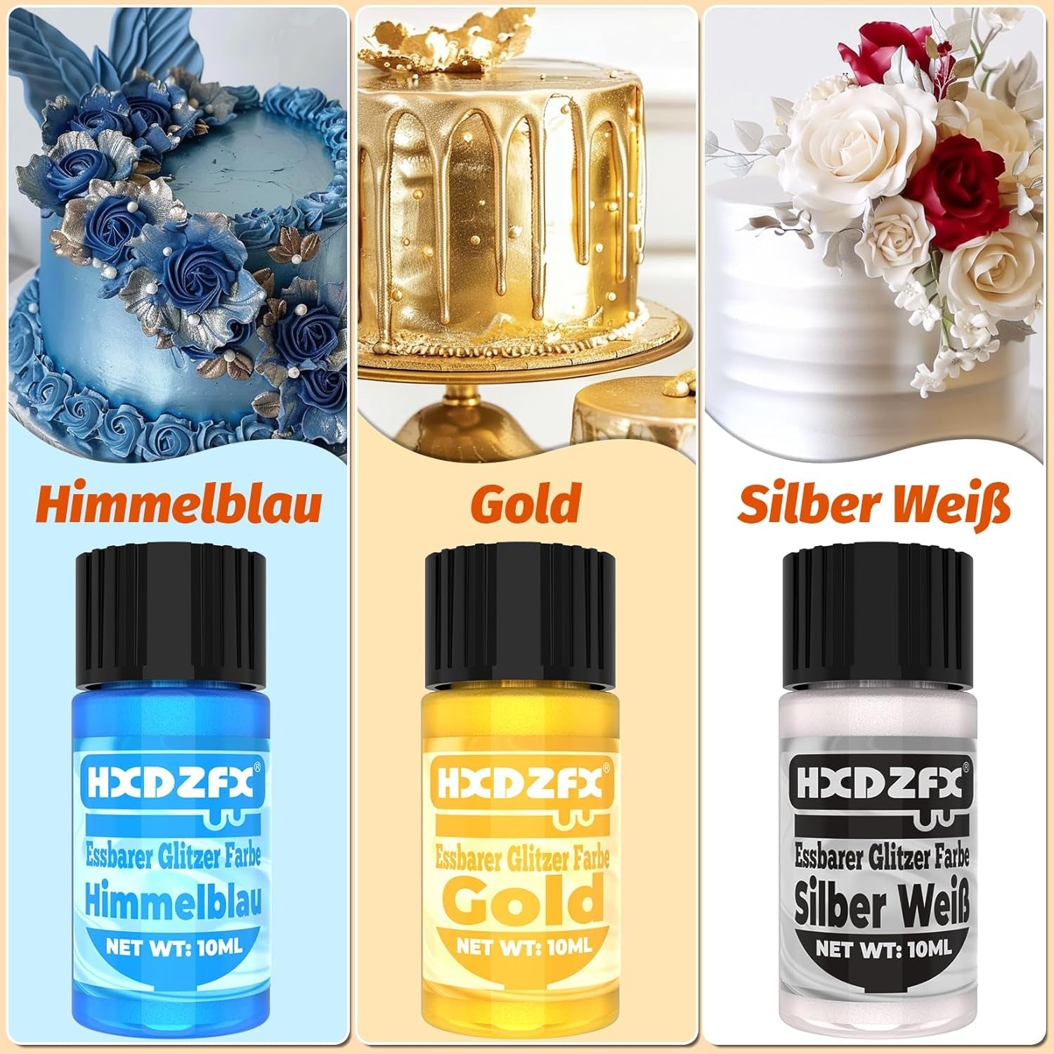 Essbarer Glitzer - 3 Torten Kuchen Deko Essbare, Metallic Lebensmittelfarbe Flüssiges, Jedlé třpytky Für Muffin, Koktejl, Marshmallows - 10 ml Naty Shop