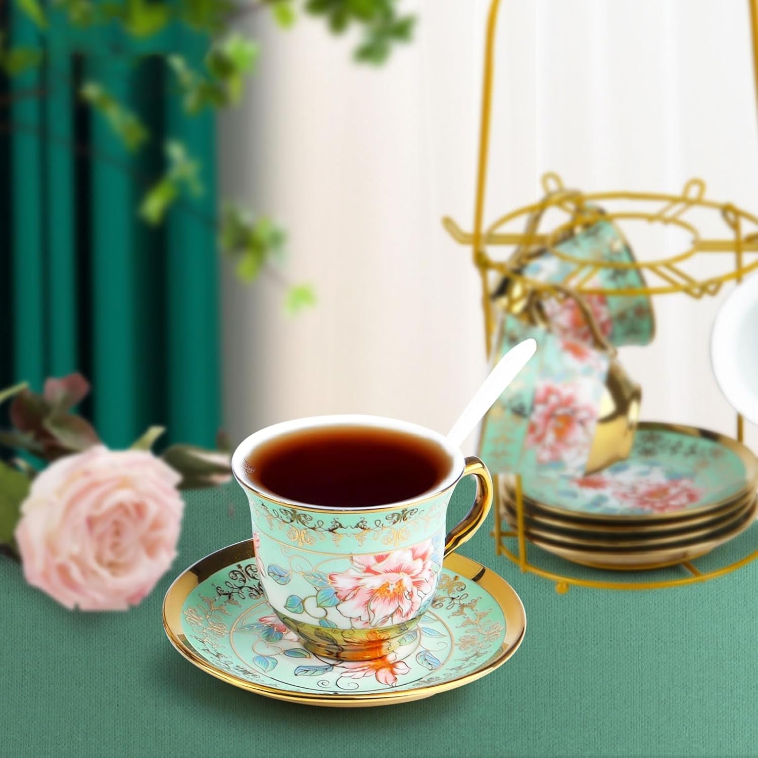 Keramická čajová souprava s kovovým stojánkem, 20 kusů Vintage květinový vzor Porcelánová čajová souprava, Evropský styl čajová souprava pro 6, 160 ml keramický šálek na čaj, 700 ml konvice, na večírky