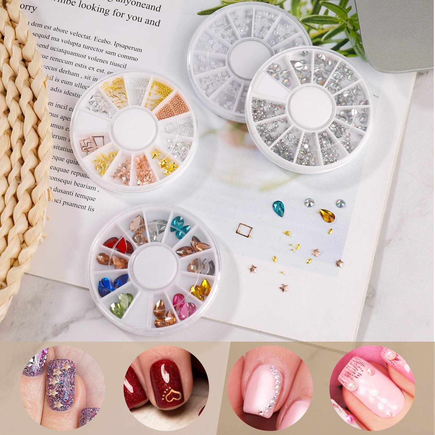 Nail Art Dekorationen & Nagelpinsel Set, Nageldesign Zubehör, Nagelset 5 Stk 2 Wege Punktierung Stift, 15 Malerei Polnisch Pinsel Set, 10 Streifenband, 4 Boxen Bunte Nagel zdobení kamínky