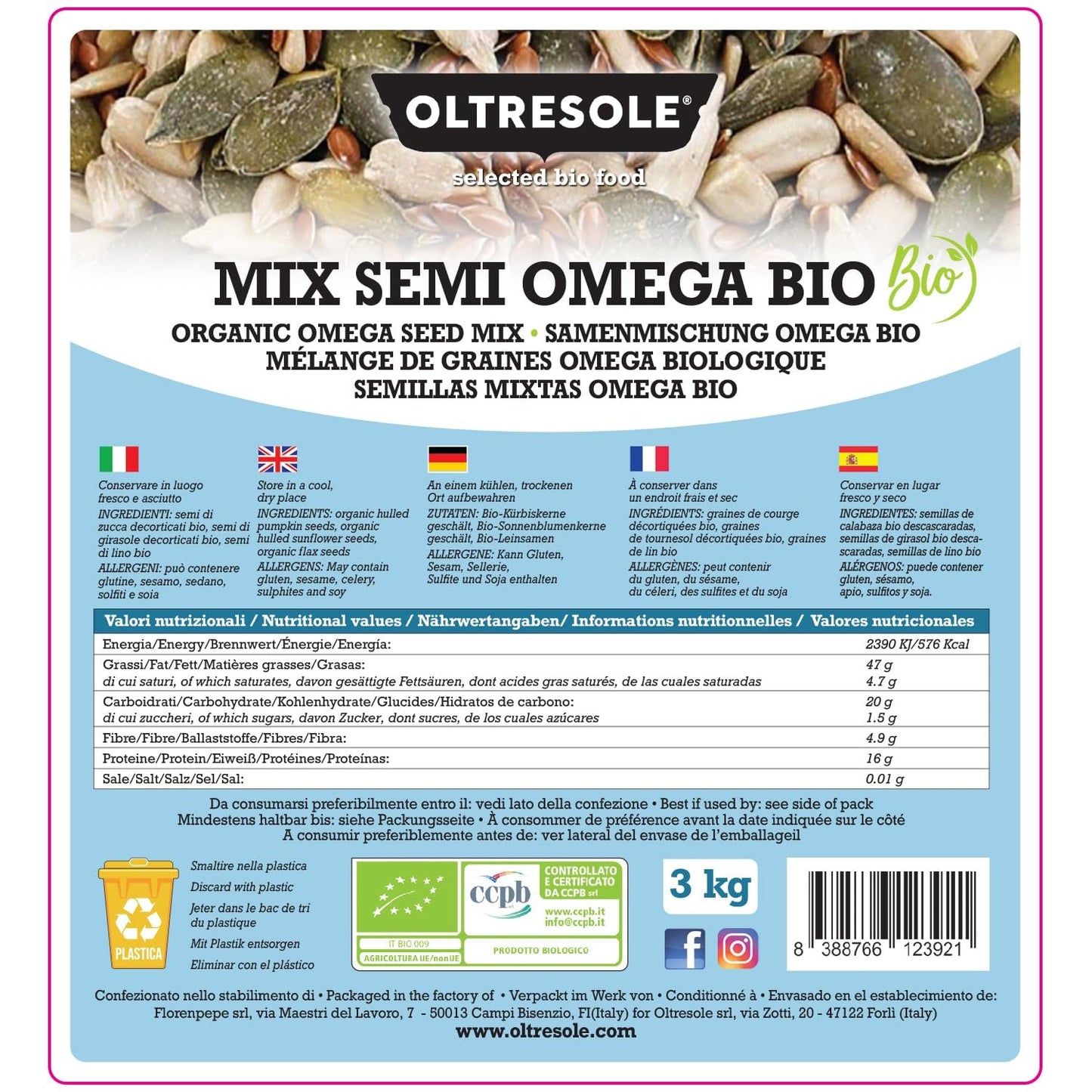 Bio Omega Seed Mix 3 kg (směs dýňových, slunečnicových a lněných semínek), směs 3 celých syrových olejnatých semen, bohatá na bílkoviny, vlákninu a omega-3 mastné kyseliny