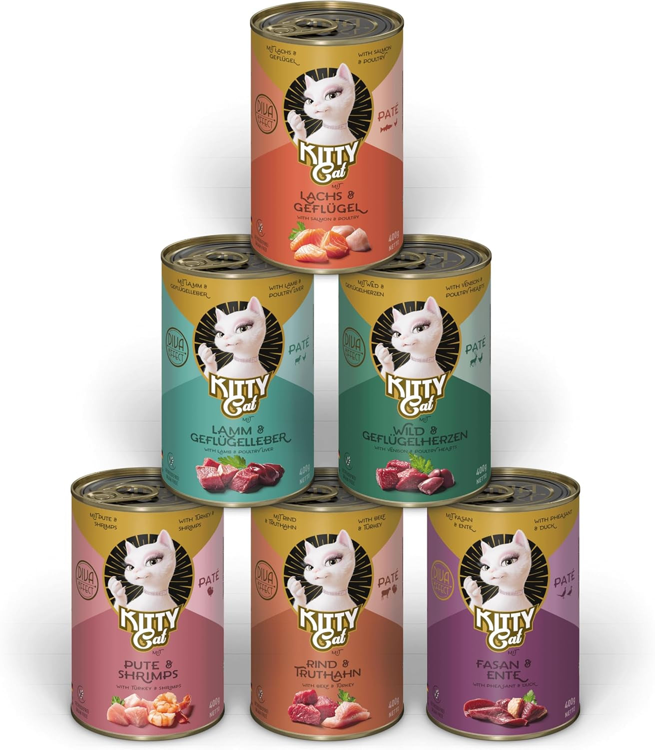 KITTY Cat Paté Mix 2, 6 x 400g, mokré krmivo pro kočky ve vzorovém balení, bezobilné krmivo s taurinem, lososovým olejem a mušlemi zelenými, kompletní krmivo s vysokým obsahem masa, vyrobeno v Německu