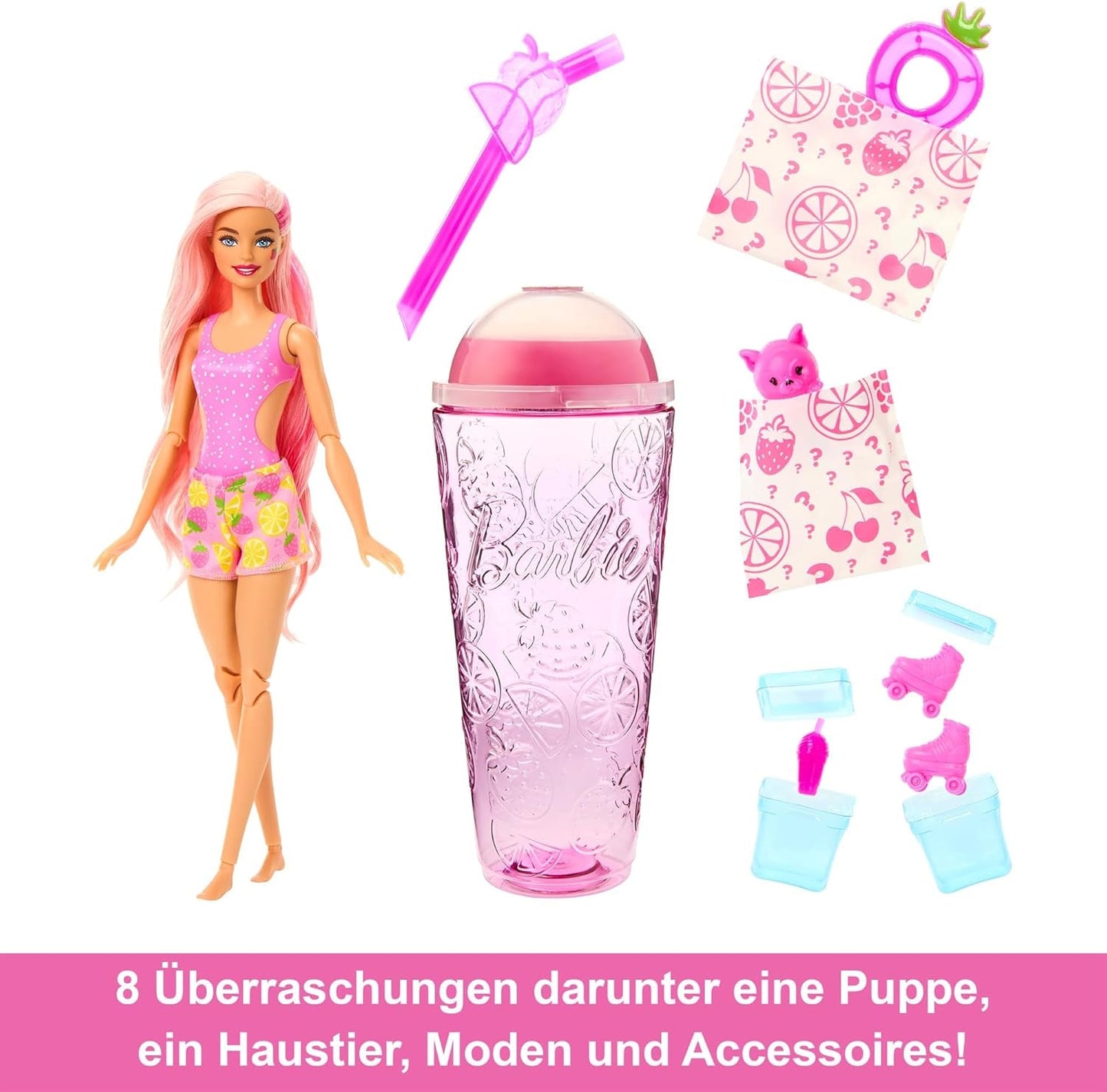 Barbie Pop Reveal Fruit - Panenky s překvapením s 8 ovocnými překvapeními, včetně polohovatelné panenky s vůní jahodové limonády a nadýchaného štěněte, věk 3+, HNW41