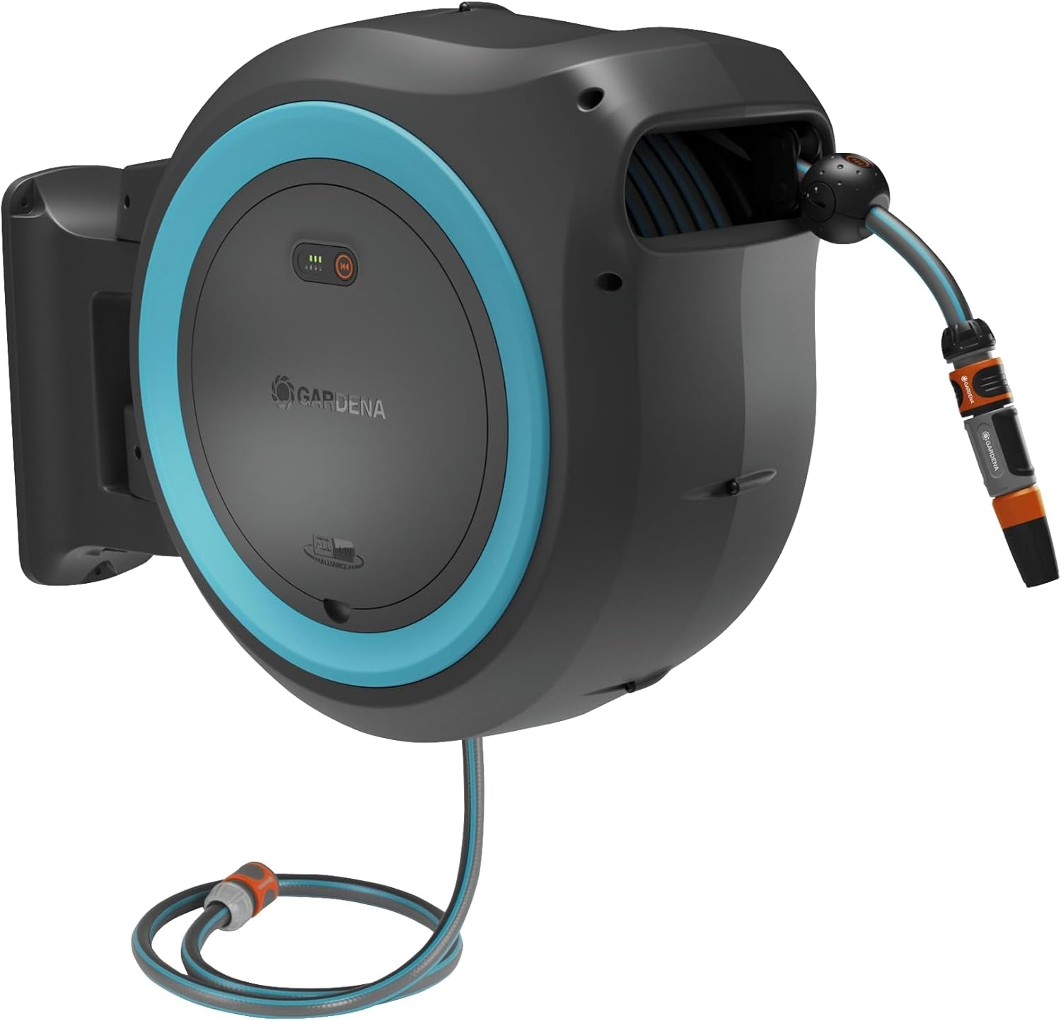 Bezdrátový nástěnný hadicový box Gardena PowerRoll XXL Solo: Automatický hadicový naviják se 40m zahradní hadicí, hadicovým vedením a RollControl, bateriový, odolný vůči UV záření a mrazu (18647-55)