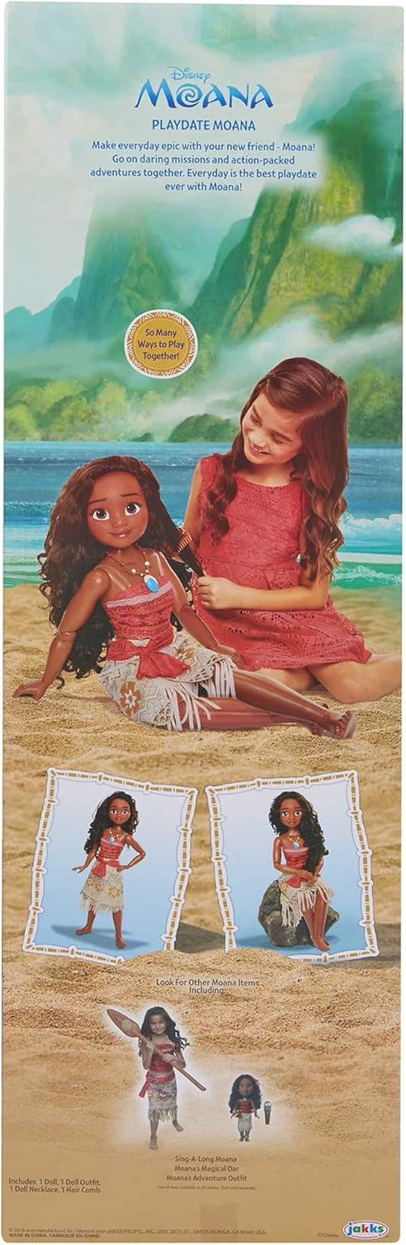 Disney Princess Vaiana, 80 cm velká loutka z Jakks Pacific, bewegliche loutka, mit Bürste zum Kämmen ihrer welligen Locken, vom Kleid inspirovaný filmem, abnehmbare Halskette mit Anhänger