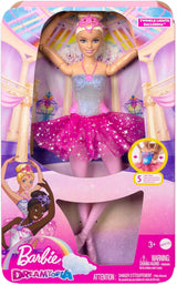 Barbie Dreamtopia Kouzelná balerína panenka se světly, růžovým tutu a blond vlasy, 5 světelných a zvukových efektů, polohovatelná Barbie, věk 3+, HLC25