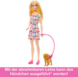 Panenka Barbie Dog Duo a doplňky, včetně štěněte a velkého psa s invalidním vozíkem, vodítkem, miskou na jídlo, pelíškem a kostmi, pro děti od 3 let, HTK37