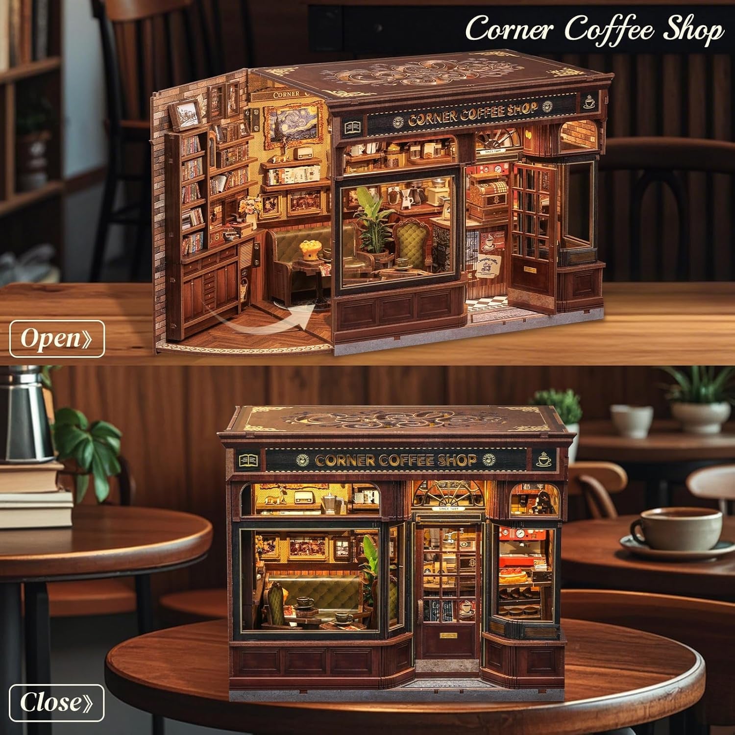 CUTEBEE Book Corner Kit – DIY domečky pro panenky, LED svítící sada miniaturního domečku pro dospělé, 3D dřevěné puzzle a stojan na knihy – dekorace a dárek do police (rohová kavárna)