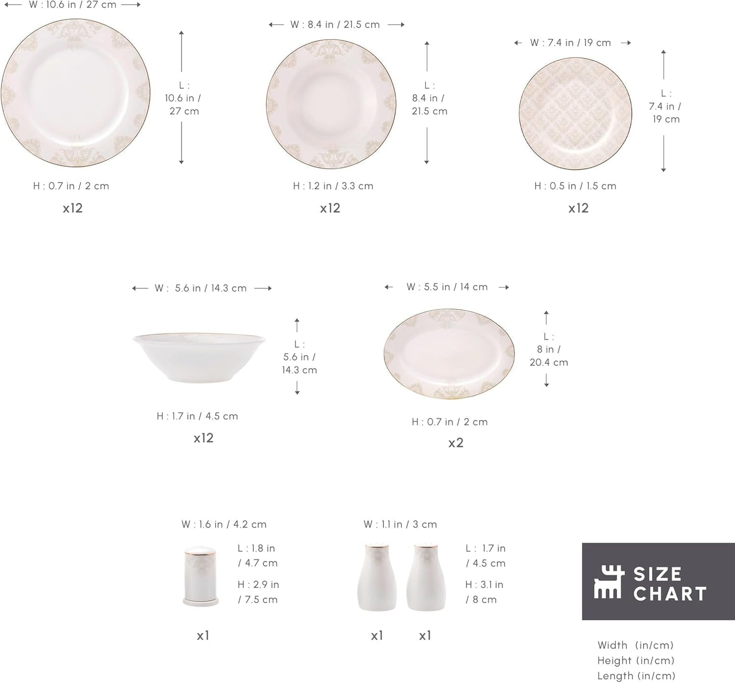 Sada nádobí Karaca Elegance Bone Siena pro 12, sada moderního porcelánového nádobí, sada nádobí s polévkovými miskami, servírovací talíř, hluboké talíře, dezertní talíře – bílé a zlaté
