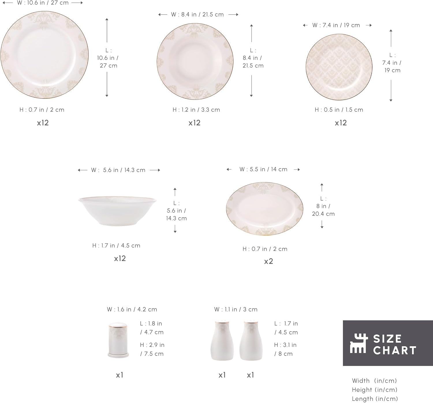 Sada nádobí Karaca Elegance Bone Siena pro 12, sada moderního porcelánového nádobí, sada nádobí s polévkovými miskami, servírovací talíř, hluboké talíře, dezertní talíře – bílé a zlaté