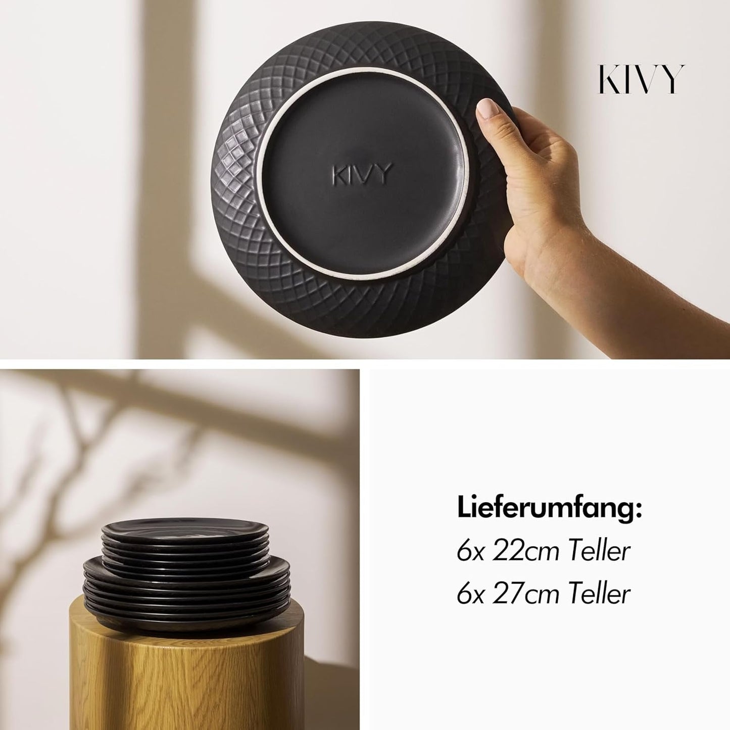 KIVY Geschirrset 6 Personen[Kratz & Spülmaschinenfest] 6x27cm + 6x22cm - Teller Set 12dílný moderní - Geschirr Set - Kombiservice - Geschirrset - Teller Set Schwarz - Teller Schwarz Matt
