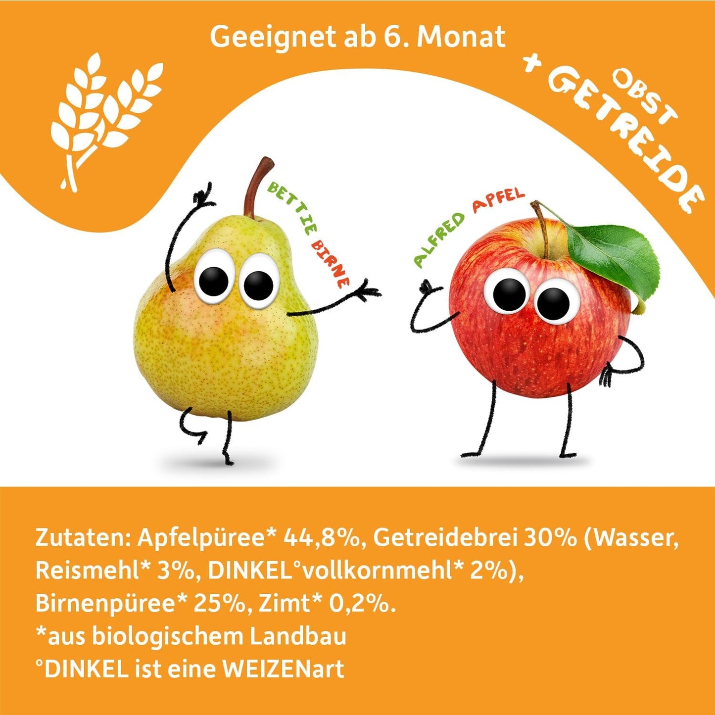 FRECHE FREUNDE Bio vymačkatelné ovocné sáčky Jablko Skořice Hruška Rýže Špaldová ovocná kaše s cereáliemi pro děti 6 měsíců+ Vegan 6 balení (6 x 100 g)