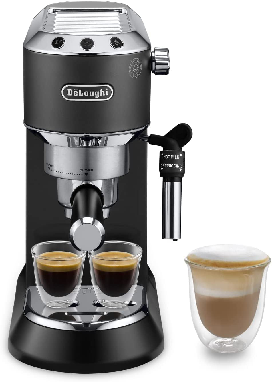 De'Longhi Dedica Style EC 685.B – Espresso kávovar s portafiltrem, espresso kávovar s profesionálním napěňovačem mléka, šířka pouze 15 cm, na mletou kávu nebo kapsle ESE, nádrž na vodu 1 l, černá