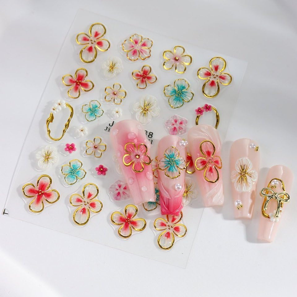 JMEOWIO 3D Nálepka na nehty Colorful Flower Nail Art Nálepka Selbstklebend Nagelaufkleber 5D Stereoskopické Jaro Léto Květinová dekorace Nageldesign Zubehör 4 Blatt