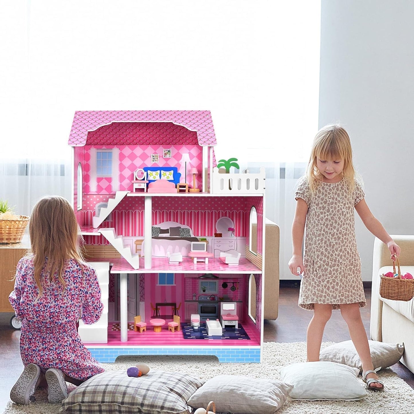 HENGMEI Puppenhaus Kinder Holz Puppenvilla Set domečku pro panenky Mädchen Spielset 3 Etagen Haus mit Möbeln und Zubehör, 70x30x100cm Puppenhäuser für Kinder (Typ B)