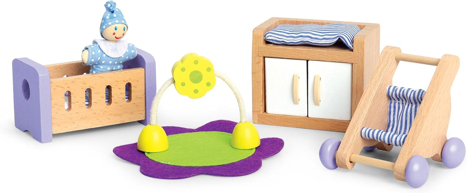 Hape Baby Room - Dřevěná sada pokojíčku pro panenky, Nábytek pro panenky, Doplňky k domečku pro batole, Miniaturní dětský pokoj s houpačkou a doplňky, 3 roky stará hra na hraní