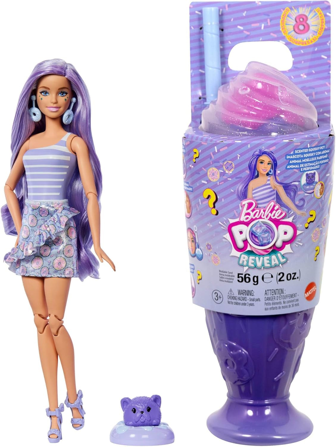 Sada Barbie Pop Reveal Series s módní panenkou a doplňky, řada Candy, design Donut Dreams s mazlíčkem, 8 překvapení včetně změny barvy, JFY60