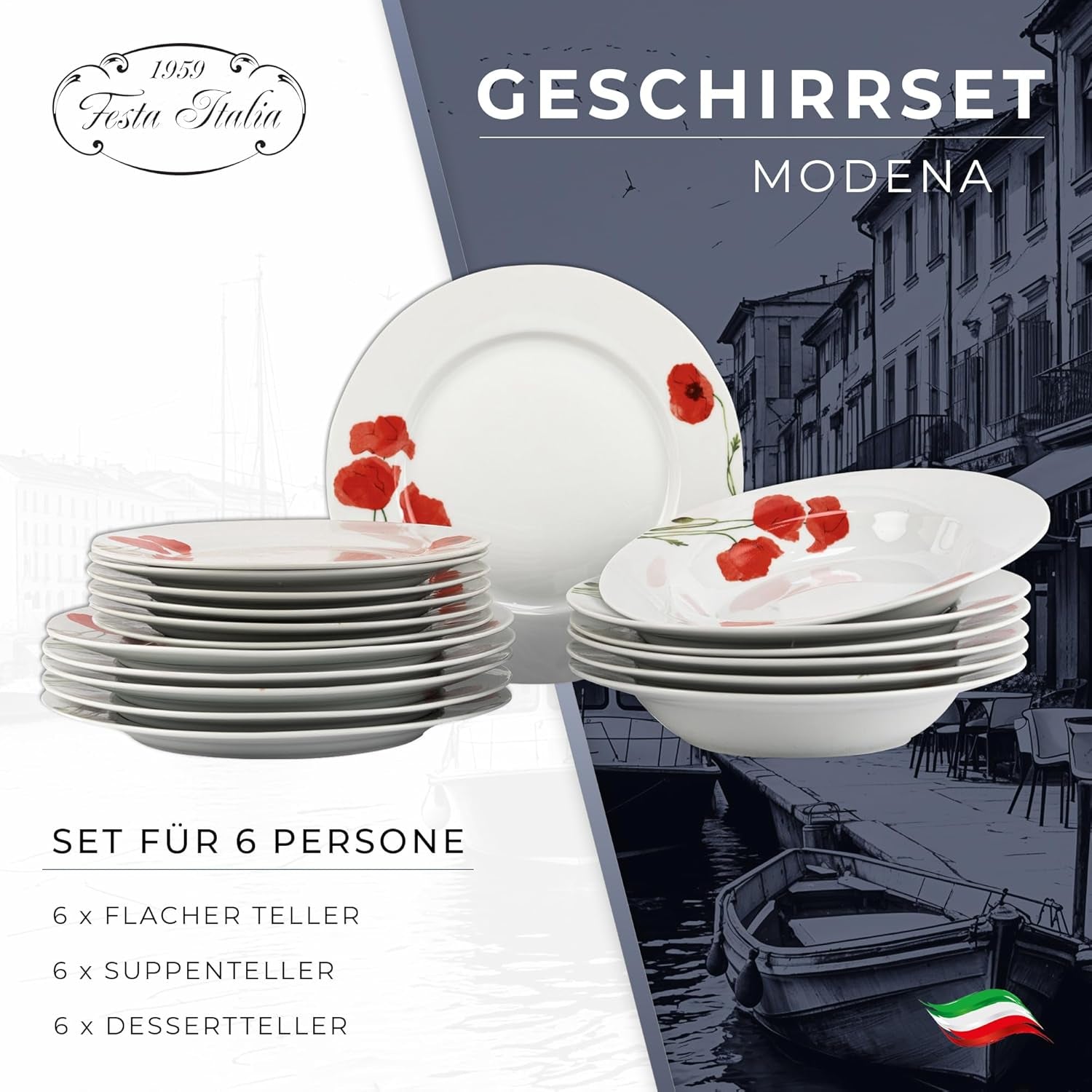 Sada nádobí pro 6 - 18 kusů - Porcelánová sada nádobí - Sada bílého nádobí - Sada mís a talířů - Moderní nádobí - Talíře - Obsluha - Sada nádobí pro 6