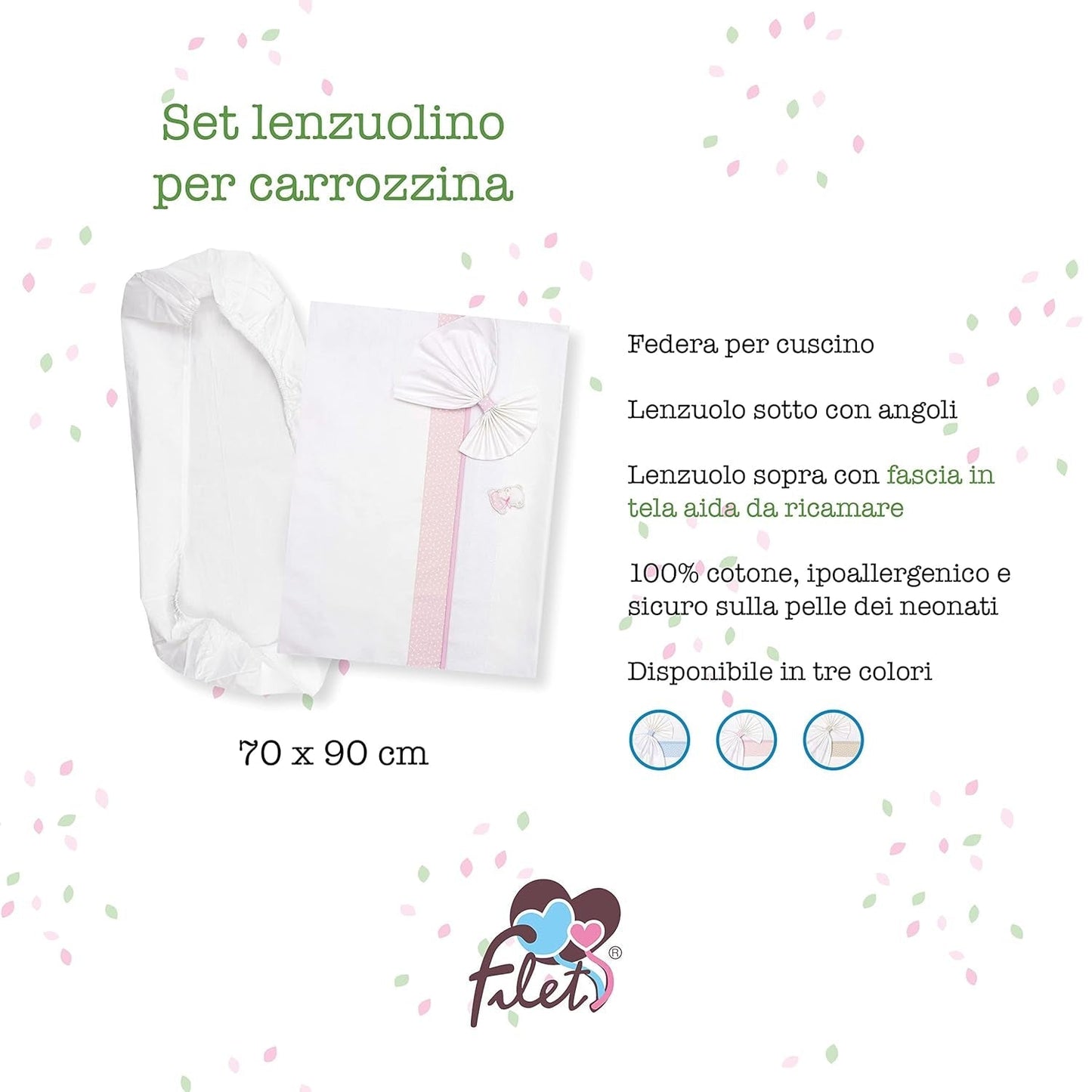Bílá a růžová sada povlečení Carrycot, skládající se z 1 vypasovaného prostěradla, 1 vrchního prostěradla se stuhou Aida na vyšívání a 1 povlaku na polštář, 100% bavlna, Made in Italy Přikrývky a přikrývky Naty Shop