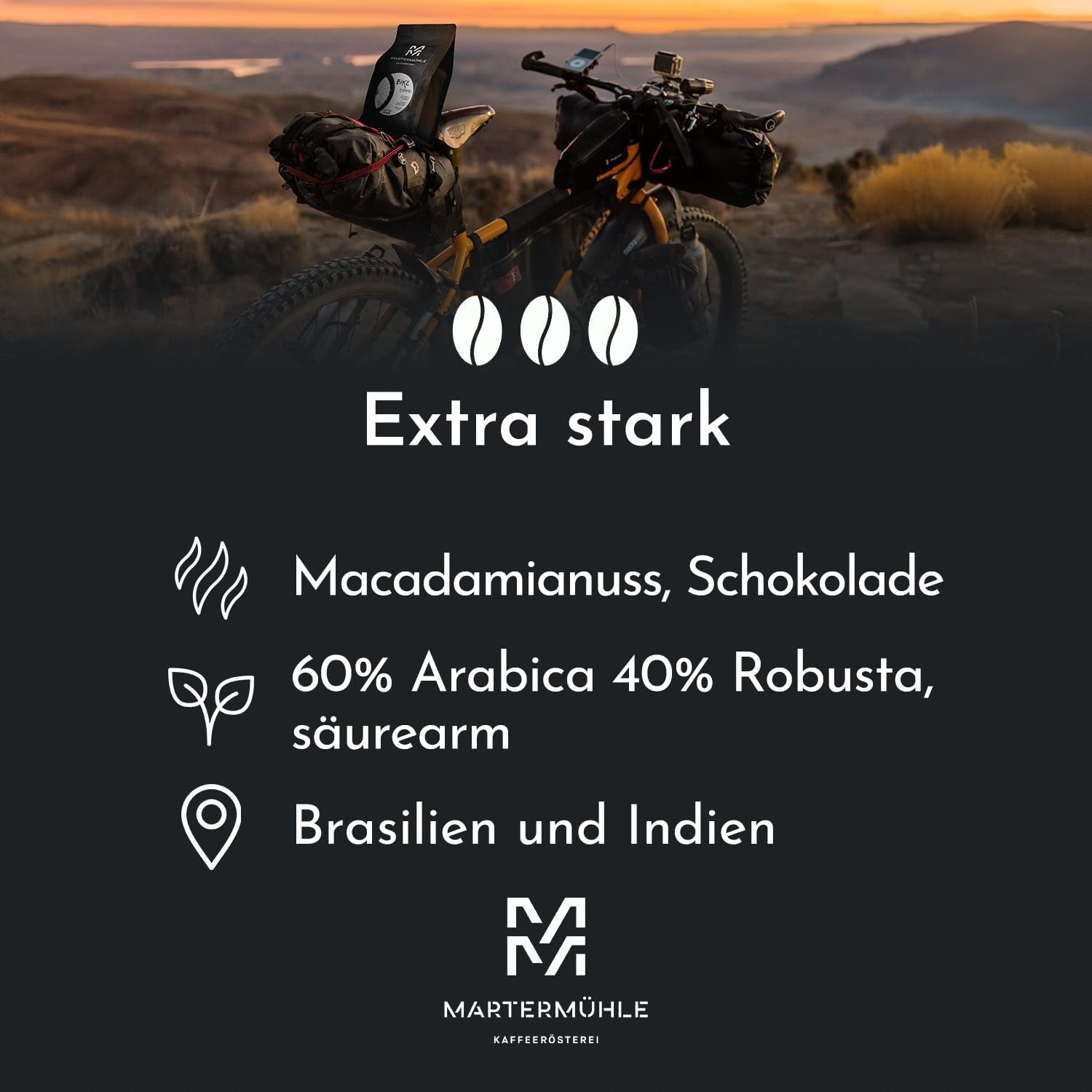 Espresso Martermühle Bike 500g Strong | Arabica/Robusta | Příchutě: Makadamové ořechy, mléčná čokoláda | Světle pražená celá zrna espressa, nízká kyselost