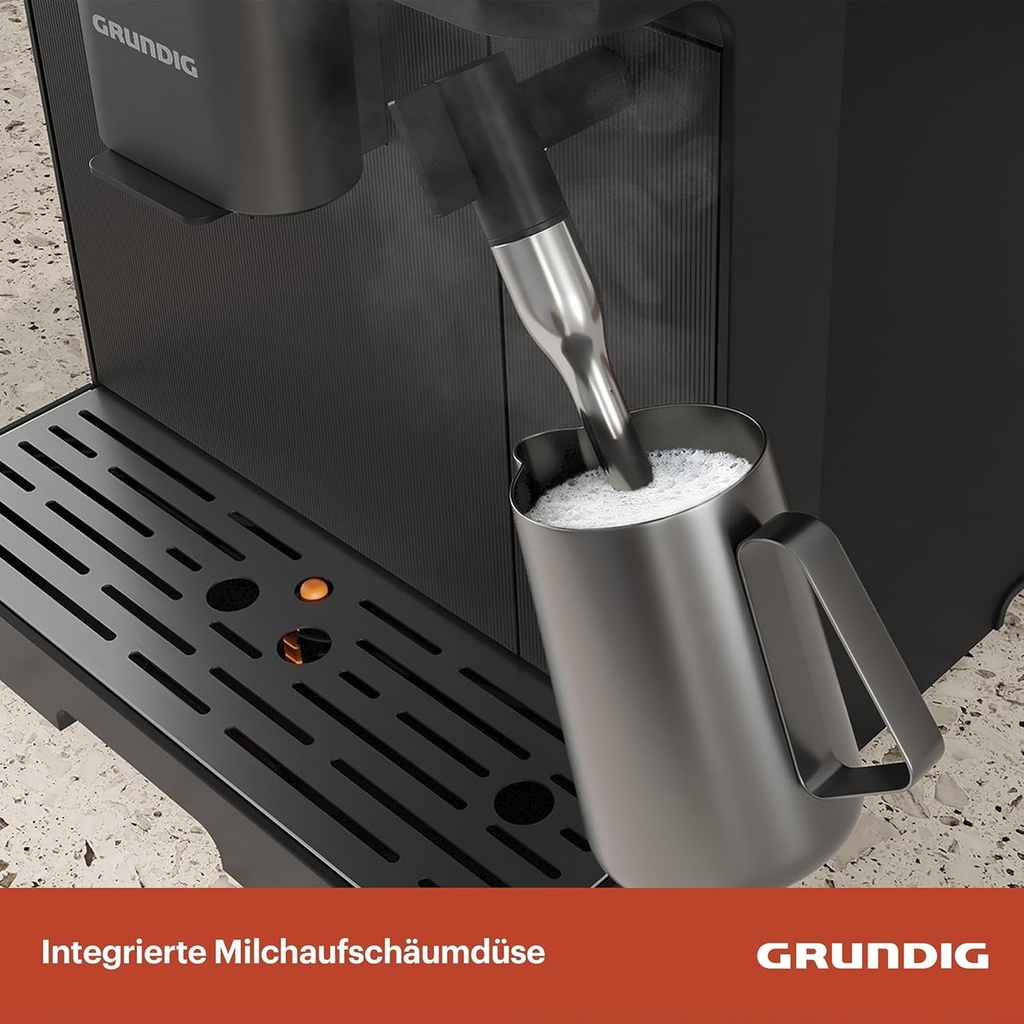 Plně automatický espresso kávovar GRUNDIG KVA 6230 s napěňovačem mléka, nerezový mlýnek s 13 nastaveními mletí, nádoba na kávová zrna 250 g, vyjímatelná nádrž na vodu 2 litry, tlak čerpadla 19 bar, dotykový displej, černá