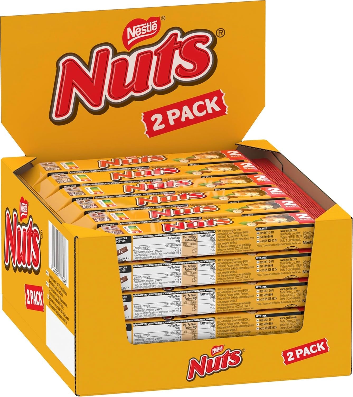 Čokoládové tyčinky NESTLÉ 2Pack, klasika s celými lískovými oříšky a karamelem obalená v mléčné čokoládě, balení 24 ks (24 x 2 x 30 g)