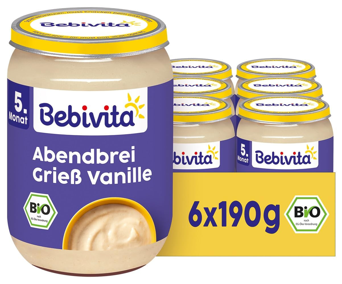 Večerní kaše s bio krupicí a vanilkou (6 x 190g), od 5 měsíců, bez přidaného cukru, velmi sytá, 100% bio kvalita