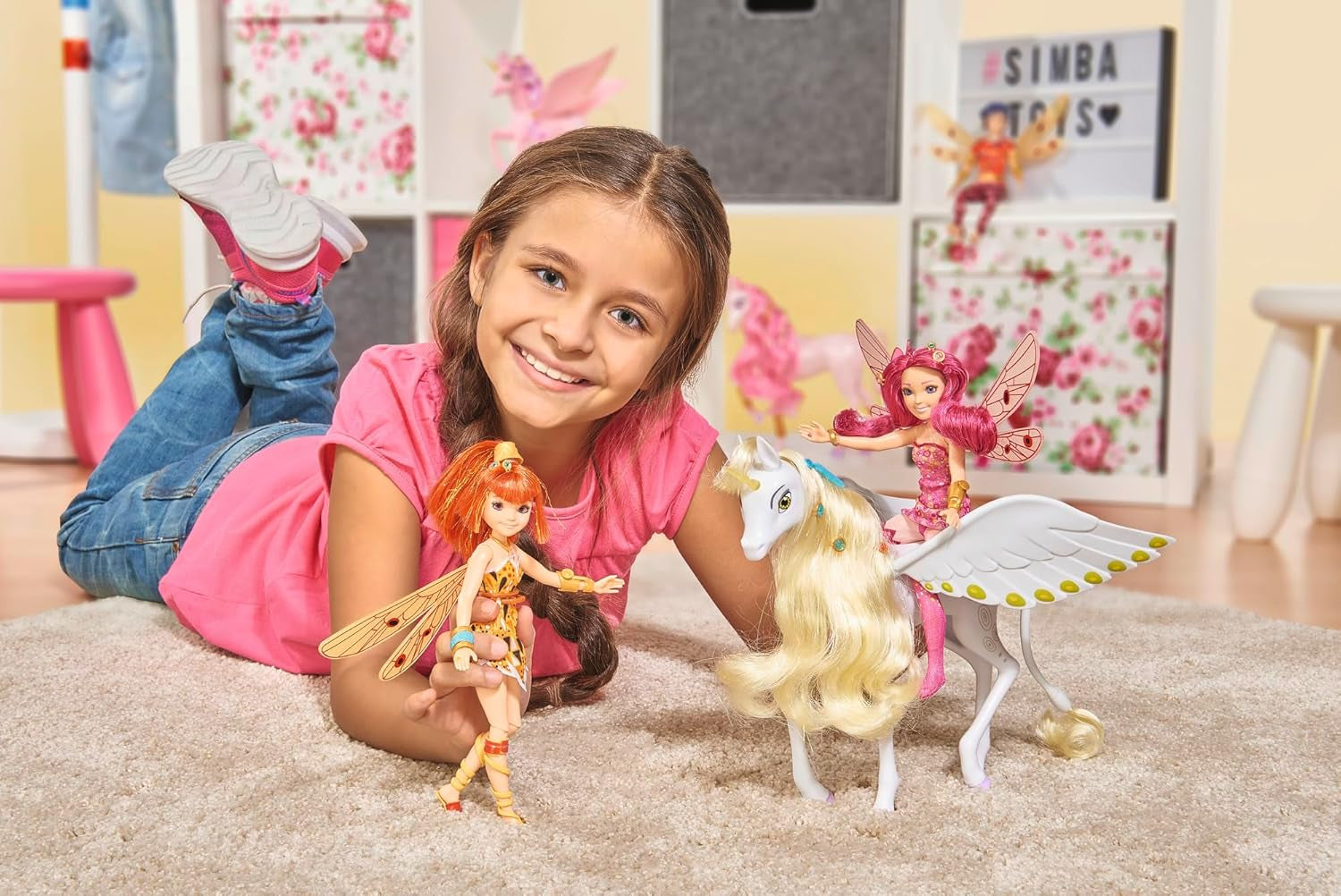 Simba 109480093 - Mia a já Unicorn Onchao, s pohyblivými křídly, sponkami do vlasů, stylingovým kartáčem, kůň na hraní, poník, Centopia, věk 3+, růžová