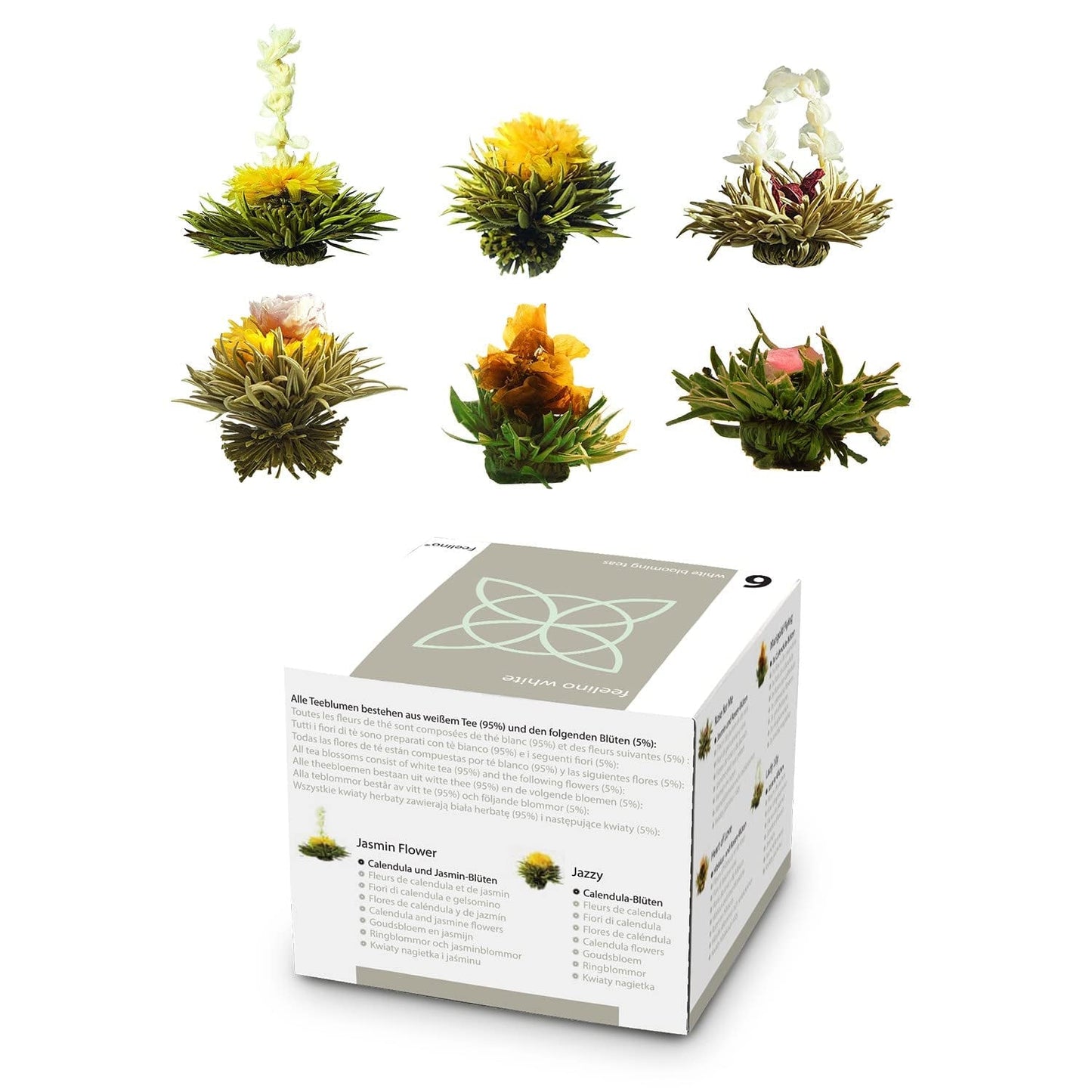 Feelino Elegant 6dílná smíšená krabička - Feelino White Tea Flowers v nádherné ochutnávkové a dárkové krabičce se 6 různými bílými čajovými růžemi, jednotlivě vakuově balené, balení 1 kus