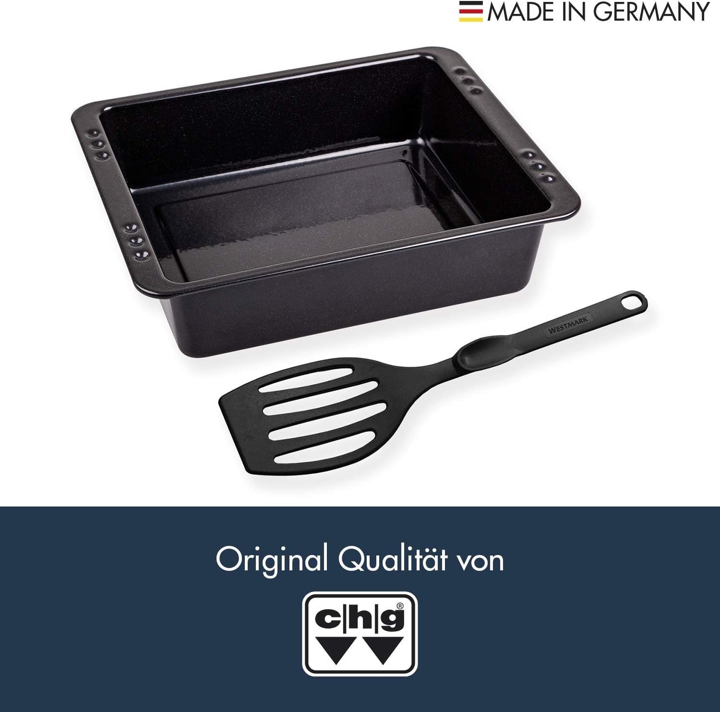 Chg SET 341-46-60 Extra Tiefe Ofenform (7,0 Cm) "Emaille" Mit Profi-Pfannenwender", Schwarz Gesprenkelt Formy a plechy na pečení Naty Shop