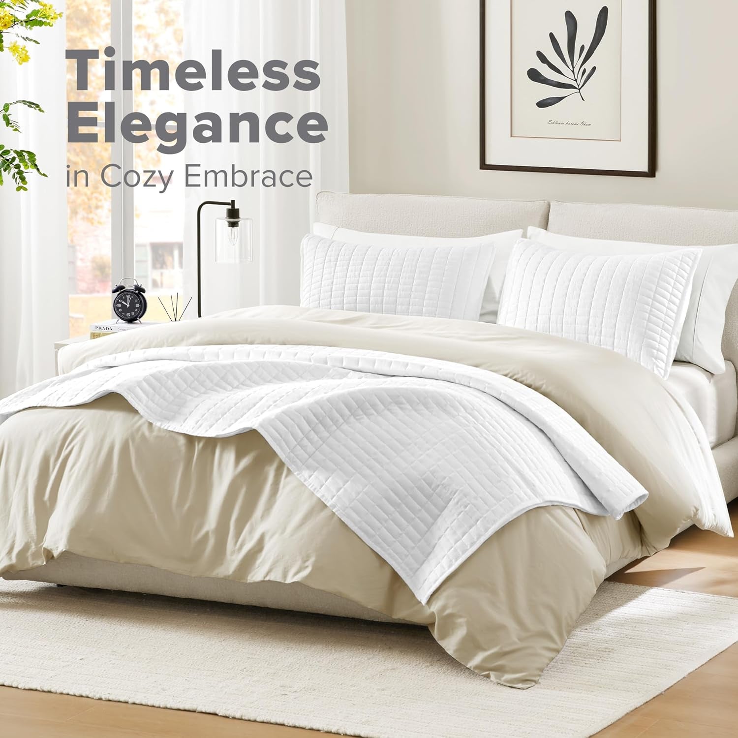 Comfort Spaces Sada přikrývek Kienna Luxusní letní přikrývka s dvojitým stehem Lehká měkká povlečení na celý rok Odpovídající povlak na polštář Bílá přikrývka velikosti King (264,2 x 228,6 cm) Přikrývky a přikrývky Naty Shop
