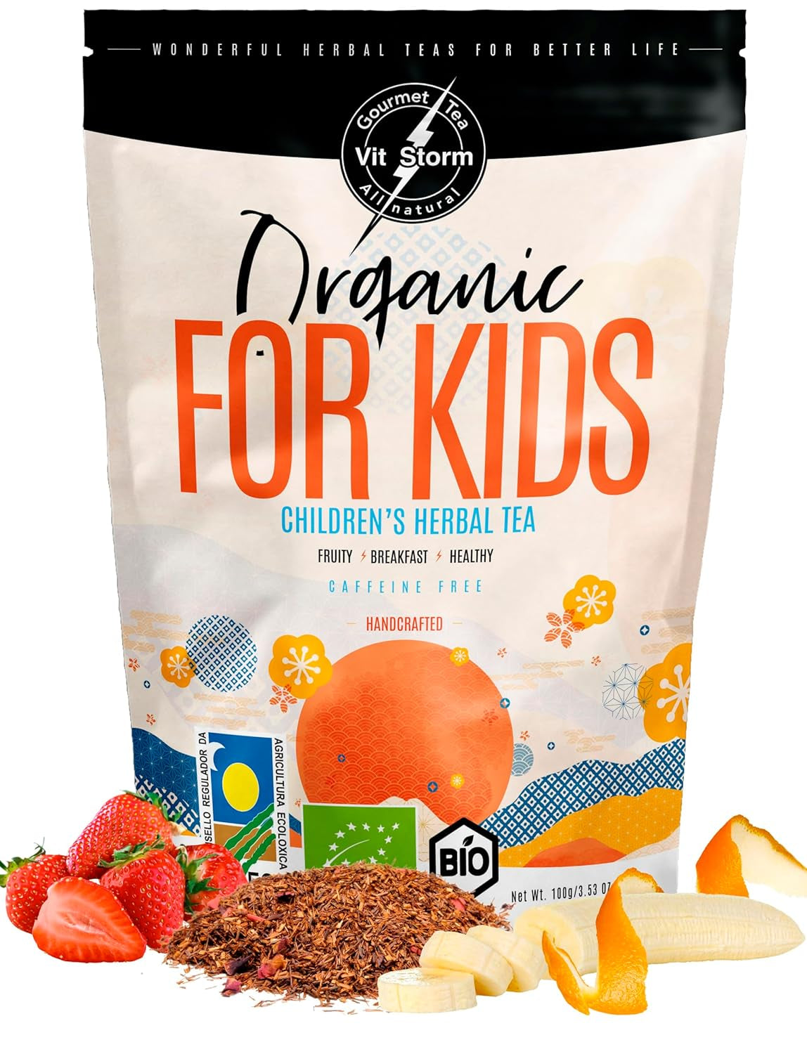 VITSTORM® BIO TEE Mom & Kids - Čaj pro ženy a kojící ženy - Rooibos, jablko, fenykl, meduňka, alchemilka, jahoda - Relaxační čaj - Ovocný a lahodný - Bez kofeinu - Bylinný čaj 100 g